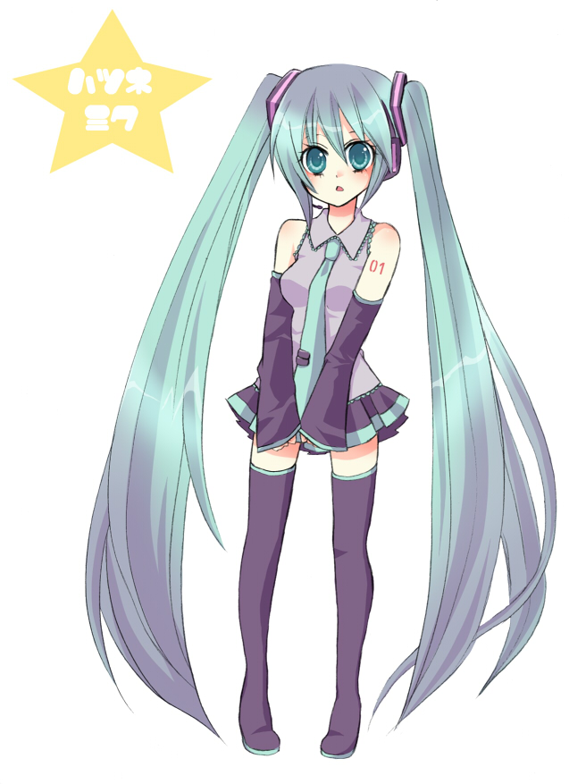 misssa, sakura misa, hatsune miku, vocaloid, bad id, bad pixiv id, 1girl, aqua eyes, aqua hair, detached sleeves, female focus, headset, long hair, necktie, skirt, solo, thighhighs, twintails, very long hair, zettai ryouiki