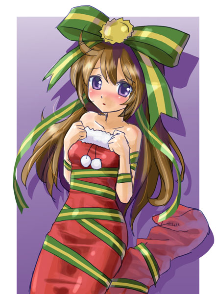 katahira masashi, 1girl, brown hair, christmas, christmas stocking, female focus, hair ribbon, kneeling, long hair, purple eyes, ribbon, solo