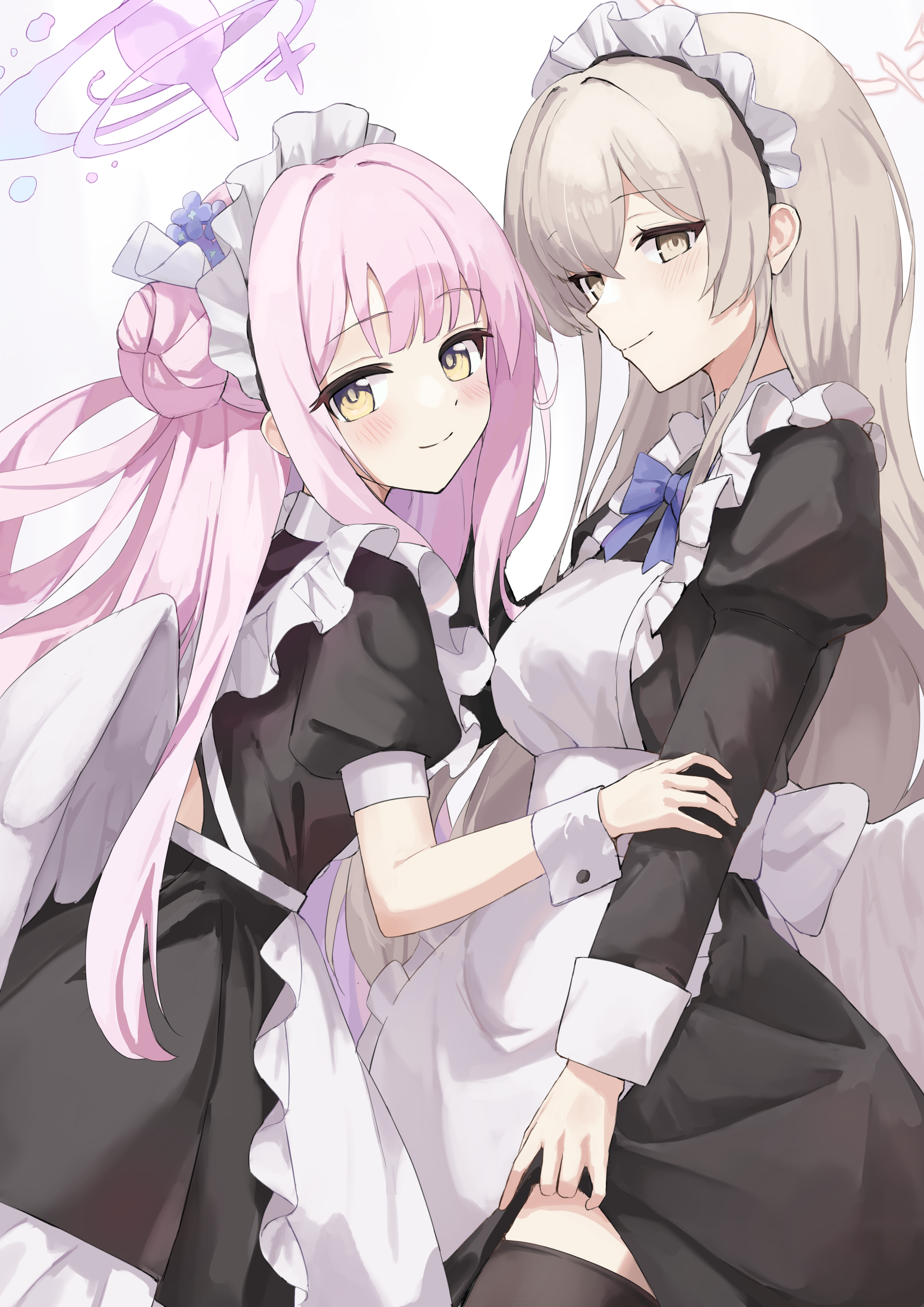 yoshiharu auf, mika (blue archive), nagisa (blue archive), blue archive, absurdres, highres, 2girls, alternate costume, angel wings, apron, black thighhighs, blue bow, blue bowtie, blush, bow, bowtie, breasts, closed mouth, dress, enmaided, feathered wings, flower, frilled apron, frills, grey hair, hair bun, hair flower, hair ornament, halo, long hair, long sleeves, looking at viewer, maid, maid apron, maid headdress, multiple girls, pink hair, pink halo, puffy short sleeves, puffy sleeves, short sleeves, simple background, single side bun, smile, thighhighs, white apron, white background, white wings, wings, yellow eyes
