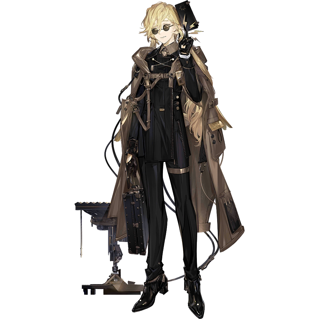 chuzenji, liaison (arknights), arknights, official art, third-party source, 1boy, animal ears, bishounen, black gloves, black jacket, black pants, black shoes, blonde hair, brown cloak, brown necktie, brown shirt, cloak, closed mouth, collared shirt, dress shirt, formal clothes, full body, gloves, holding, hood, hood down, hooded cloak, id card, jacket, layered clothes, light smile, long sleeves, lop rabbit ears, male focus, necktie, pants, rabbit boy, rabbit ears, rabbit tail, round eyewear, shirt, shoes, short hair with long locks, simple background, smile, solo, standing, sunglasses, tachi-e, tail, transparent background, wavy hair