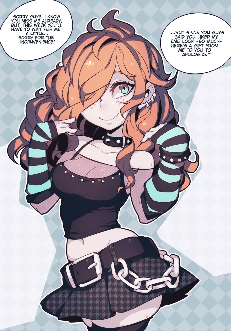 parororo, kaz asteri, negative frames, commentary, english commentary, highres, 1girl, bare shoulders, belt, black belt, black camisole, black collar, black skirt, black thighhighs, breasts, camisole, chain, closed mouth, collar, collarbone, cowboy shot, ear piercing, english text, fishnet sleeves, fishnets, freckles, gingham skirt, green eyes, hair over one eye, long hair, looking at viewer, medium breasts, midriff, navel, orange hair, piercing, pleated skirt, see-through cleavage, see-through clothes, skirt, smile, solo, speech bubble, spiked collar, spikes, striped arm warmers, thighhighs, unmoving pattern