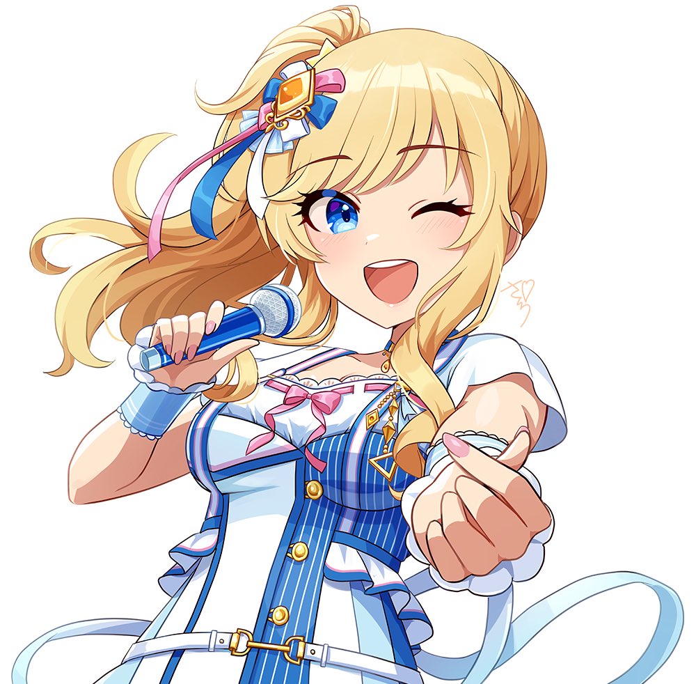 sakura ran, ohtsuki yui, idolmaster, idolmaster cinderella girls, idolmaster cinderella girls starlight stage, 1girl, blonde hair, blue eyes, blush, breasts, dress, hair ribbon, holding, holding microphone, idol clothes, long hair, looking at viewer, medium breasts, microphone, one eye closed, open mouth, pink nails, ponytail, reaching, reaching towards viewer, ribbon, simple background, smile, solo, teeth, upper body, upper teeth only, wavy hair, white background, white dress