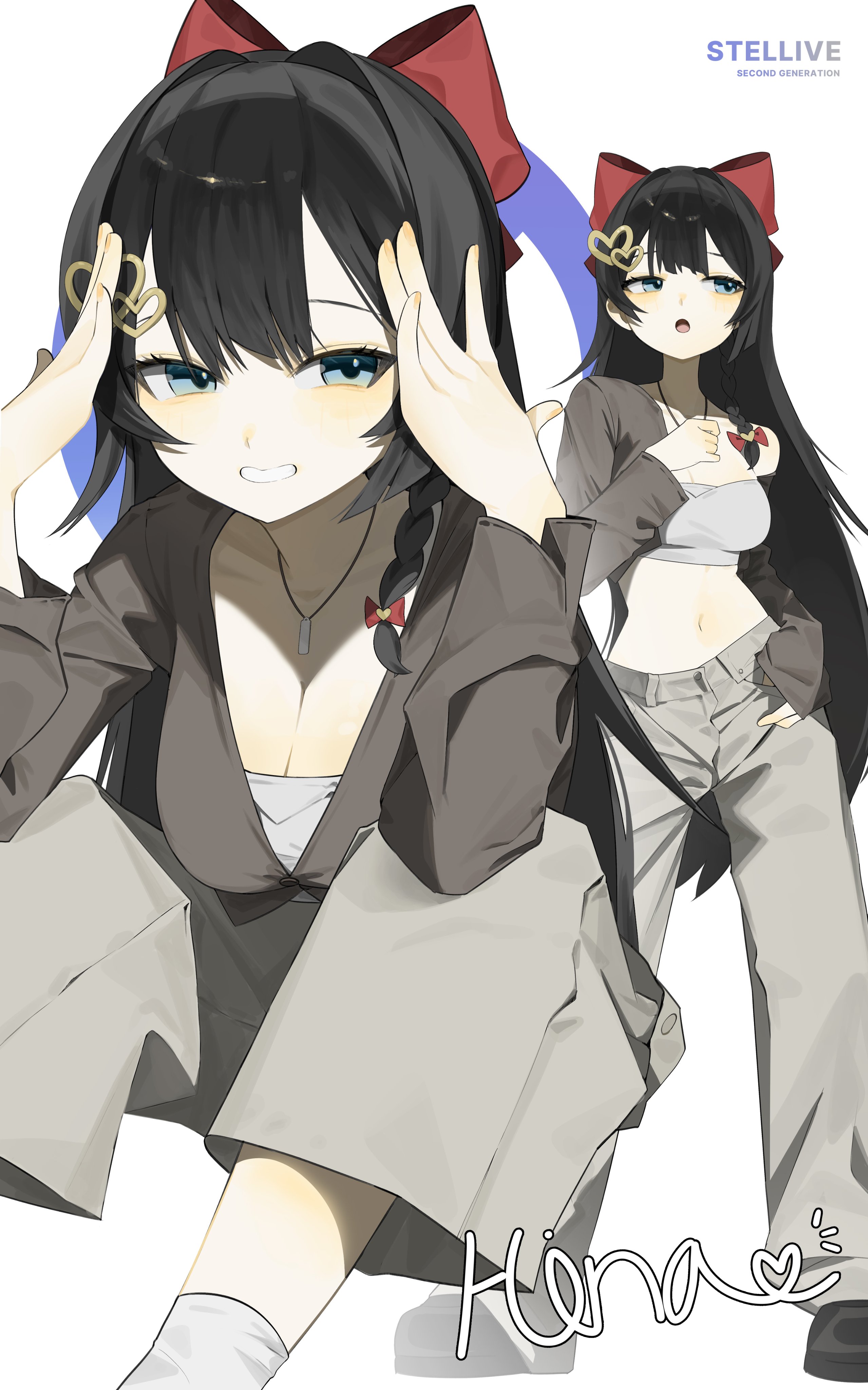 shirayuki hina, stellive, absurdres, commentary, highres, symbol-only commentary, 1girl, :o, black hair, bow, breasts, center-flap bangs, character name, cleavage, copyright name, crop top, double-parted bangs, fingernails, grey eyes, grey pants, grey shirt, grey tube top, grin, hair bow, hair ornament, hand up, hands on own head, hands up, heart, heart hair ornament, jewelry, large breasts, long hair, long sleeves, multiple views, navel, necklace, open clothes, open mouth, open shirt, pants, red bow, shirt, simple background, sitting, sleeves past wrists, smile, standing, stomach, straight hair, strapless, tube top, uemaroo, very long hair, virtual youtuber, white background