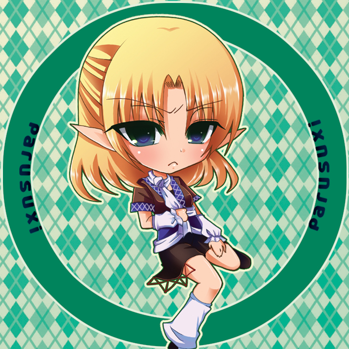 nonoko, yuuka nonoko, mizuhashi parsee, touhou, bad id, bad pixiv id, 1girl, argyle background, argyle clothes, blonde hair, blue eyes, blush, character name, chibi, female focus, green background, half updo, short hair, solo