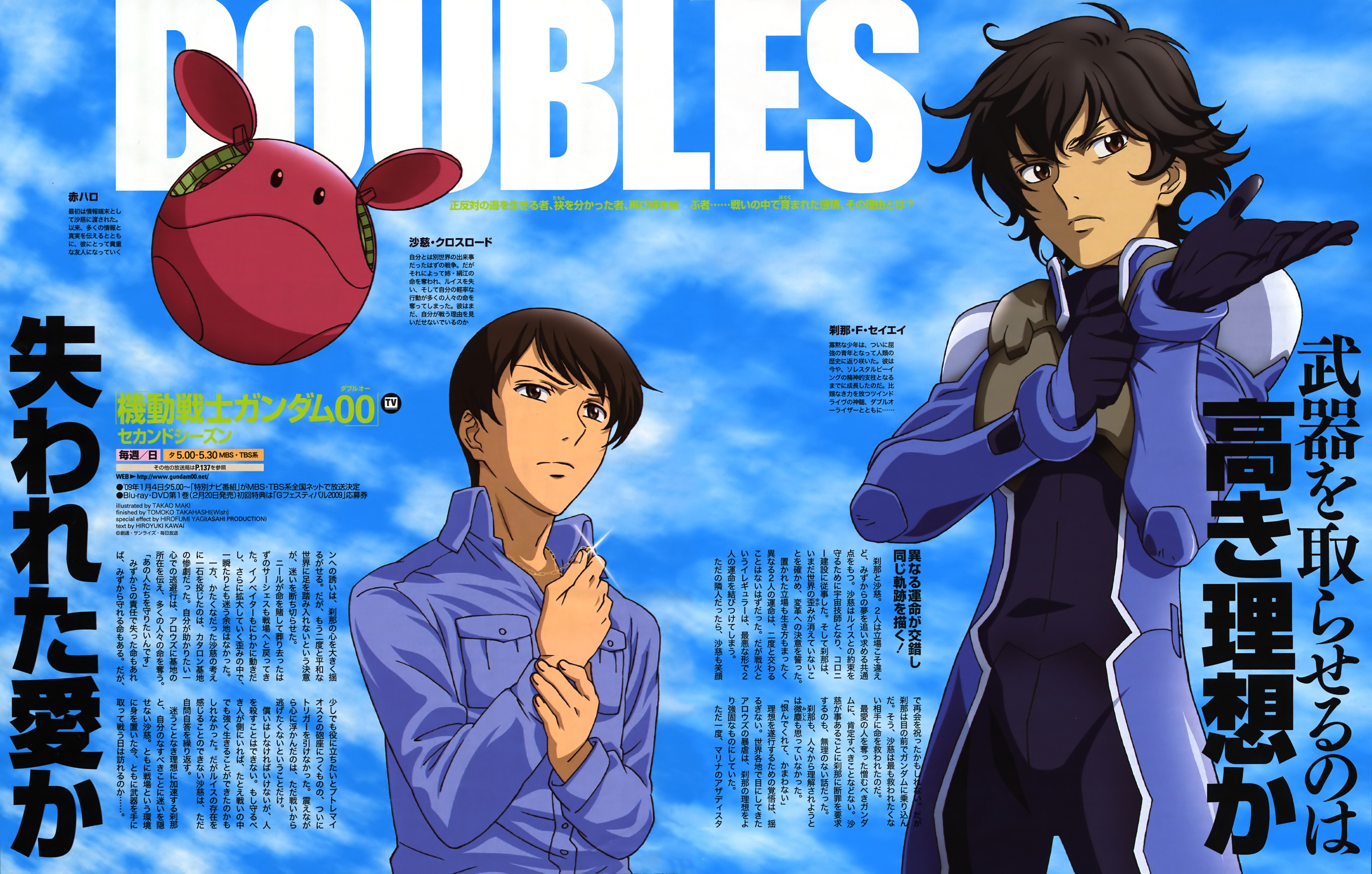 maki takao, haro, saji crossroad, setsuna f. seiei, gundam, gundam 00, absurdres, highres, scan, 00s, 2boys, male focus, multiple boys