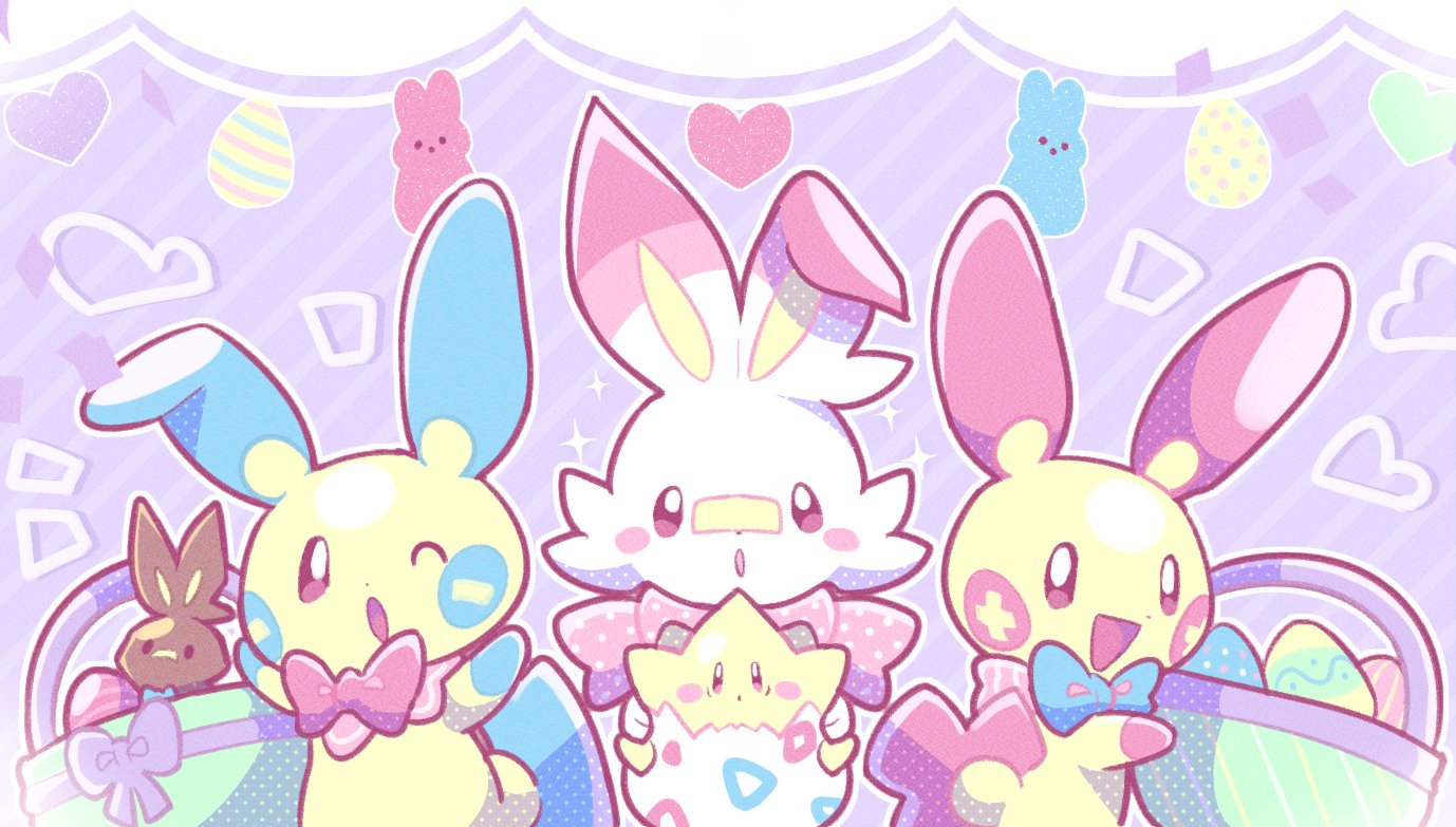 loveycloud, minun, plusle, scorbunny, togepi, nintendo, pokemon, commentary, english commentary, :d, ;o, basket, blue bow, blue bowtie, blush, blush stickers, bow, bowtie, chocolate, chocolate rabbit, confetti, diagonal-striped background, easter, easter egg, egg, gen 2 pokemon, gen 3 pokemon, gen 8 pokemon, heart, looking at viewer, no humans, notice lines, one eye closed, open mouth, pokemon (creature), purple background, purple bow, red bow, red bowtie, smile, sparkle, striped background