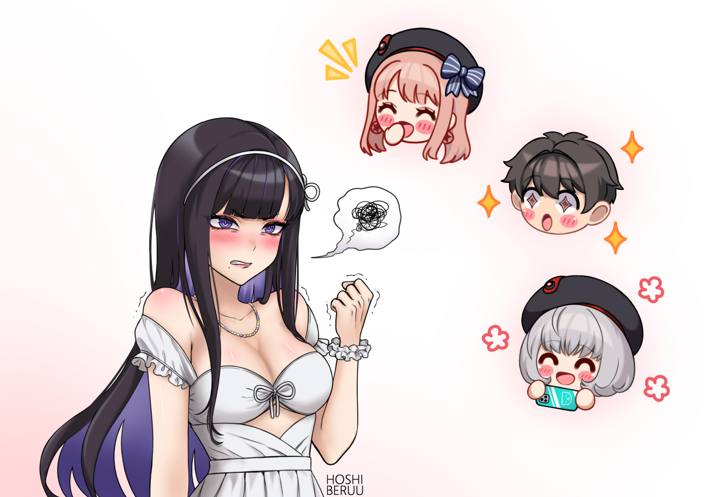 hoshiberuu, commander (nikke), emma (nikke), emma (tactical upgrade) (nikke), eunhwa (nikke), eunhwa (tactical upgrade) (day off) (nikke), eunhwa (tactical upgrade) (nikke), vesti (nikke), vesti (tactical upgrade) (nikke), clenched fist, 1boy, 3girls, alternate costume, bare shoulders, beret, black hair, blush, blush stickers, breasts, brown hair, cleavage, dress, embarrassed, grey hair, hat, long hair, medium breasts, multicolored hair, multiple girls, open mouth, purple eyes, purple hair, short hair, smile, trembling, two-tone hair, very long hair