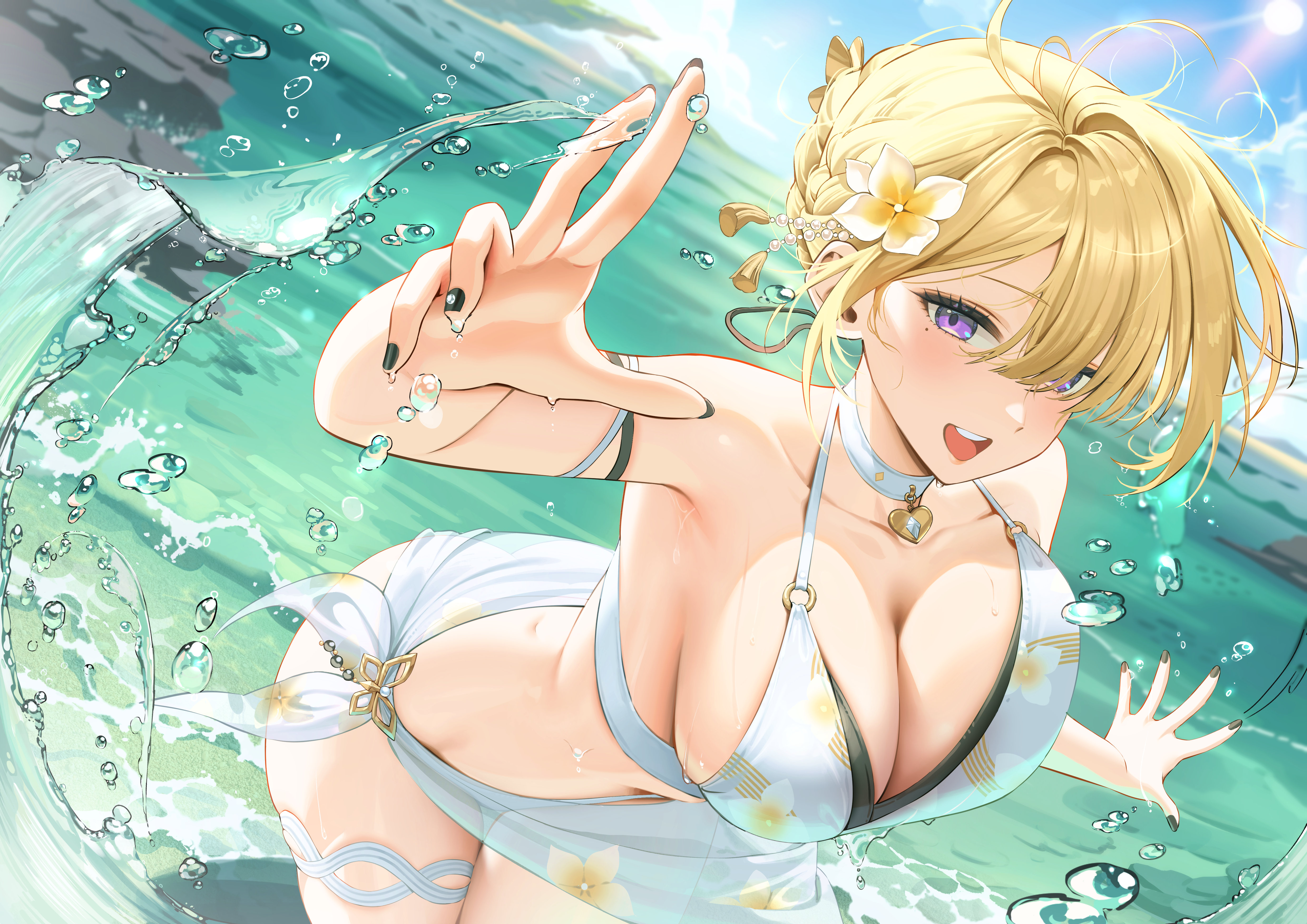 kkuni, evelyn chevalier, zenless zone zero, absurdres, commentary request, highres, korean commentary, 1girl, bare shoulders, beach, bikini, blonde hair, blue sky, blush, breasts, choker, cleavage, flower, hair flower, hair ornament, large breasts, looking at viewer, medium hair, ocean, open mouth, purple eyes, sarong, sky, smile, solo, swimsuit, thighs, white bikini