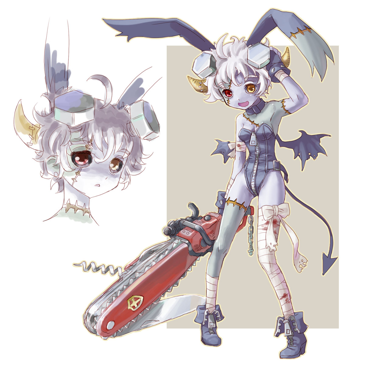 katahira masashi, kenkou cross, homunculus (monster girl encyclopedia), monster girl encyclopedia, original, highres, 1girl, ahoge, animal ears, ankle boots, arm up, armpits, bandages, bare shoulders, bat wings, blood, blue skin, boots, buckle, chain, chainsaw, collar, colored skin, corkscrew, demon tail, electrodes, fake animal ears, fingerless gloves, gloves, heterochromia, horns, knife, monster girl, open mouth, pale skin, patch, playboy bunny, purple skin, rabbit ears, scar, scar across eye, scar on face, scar on neck, screw, short hair, standing, staple, staples, stitches, swiss army knife, swiss knife, tail, white hair, wings, zipper, zombie