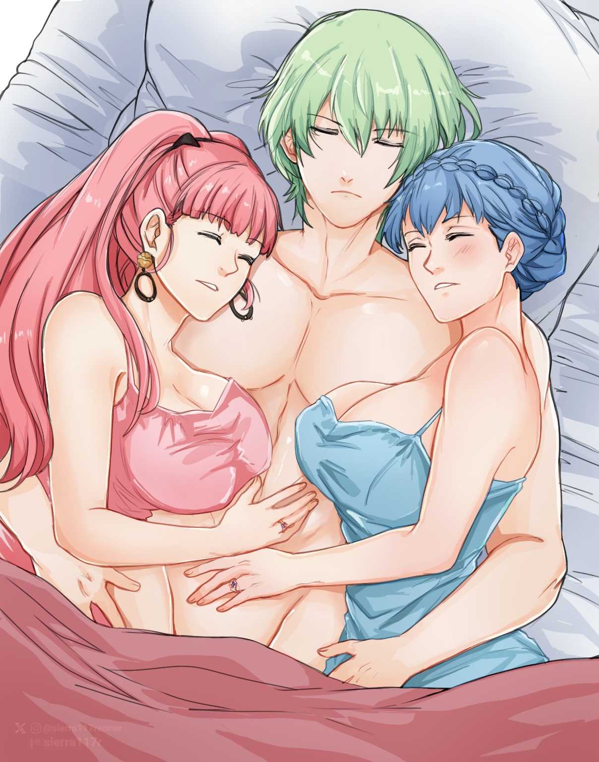 sierra117renner, hilda valentine goneril, hilda valentine goneril (timeskip), male byleth (awakened) (fire emblem), male byleth (fire emblem), marianne von edmund, marianne von edmund (timeskip), fire emblem, fire emblem: three houses, nintendo, commentary, commission, english commentary, highres, 1boy, 2girls, bed sheet, blue eyes, blue nightgown, blush, braid, breasts, cleavage, closed eyes, closed mouth, convenient censoring, crown braid, earrings, green hair, hair between eyes, hoop earrings, jewelry, large breasts, long hair, lying, multiple girls, muscular, muscular male, nightgown, nude, on bed, pillow, pink hair, pink nightgown, short hair, sleeping, twitter username