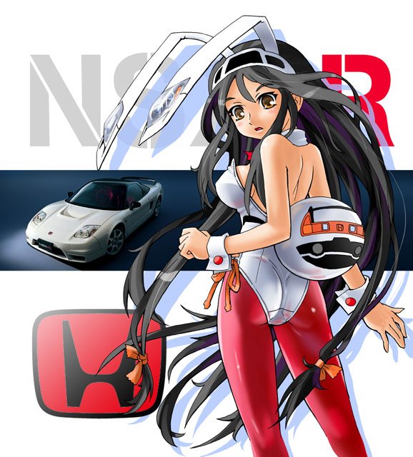 katahira masashi, honda, 1girl, animal ears, ass, black hair, blush, breasts, brown eyes, car, fake animal ears, honda nsx, large breasts, long hair, low-tied long hair, motor vehicle, pantyhose, personification, playboy bunny, product girl, rabbit ears, red pantyhose, sideboob, tail, vehicle and personification, very long hair, wrist cuffs