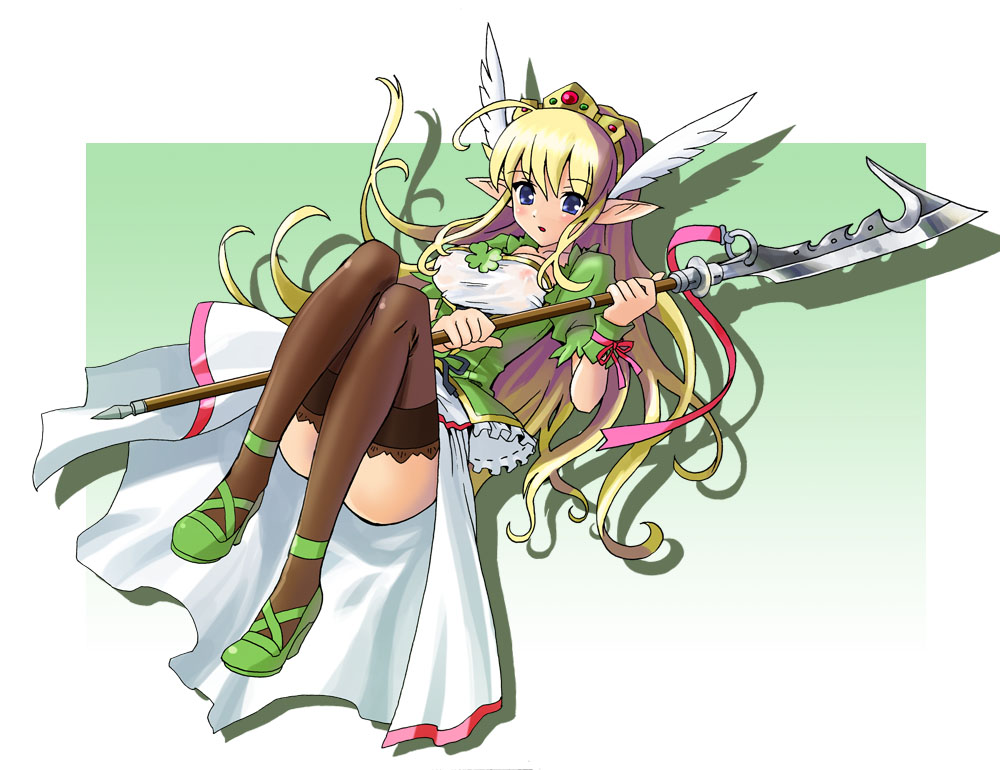 katahira masashi, valkyrie (vnd), valkyrie no densetsu, blonde hair, blush, breasts, crown, full body, head wings, helmet, high heels, long hair, lying, pointy ears, polearm, see-through clothes, shirt, shoes, solo, spear, taut clothes, taut shirt, thighhighs, weapon, winged helmet, wings