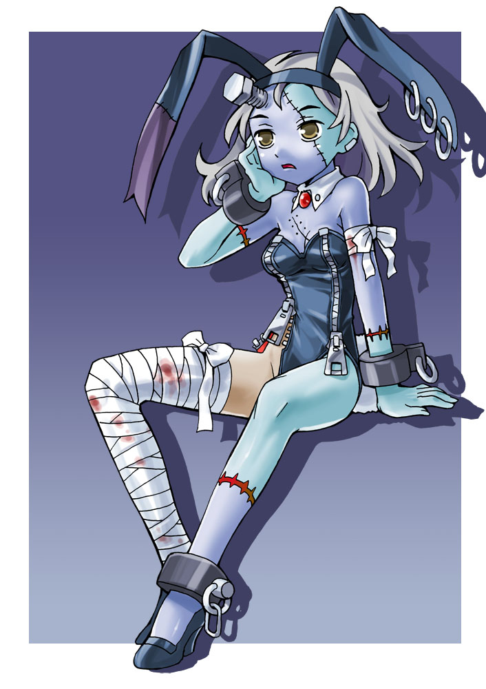 katahira masashi, original, silver hair, 1girl, animal ears, bandages, blue skin, brown eyes, collar, colored skin, cuffs, detached collar, earrings, fake animal ears, female focus, full body, handcuffs, high heels, jewelry, monster girl, pale skin, patch, purple skin, rabbit ears, scar, scar across eye, scar on face, screw, shoes, solo, zipper, zombie