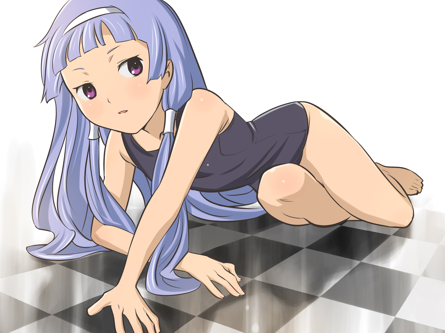 xr650r, nagi, kannagi, bad id, bad pixiv id, 00s, 1girl, all fours, barefoot, blue hair, blunt bangs, checkered floor, female focus, flat chest, floor, hair tubes, hairband, long hair, one-piece swimsuit, perspective, purple eyes, school swimsuit, solo, swimsuit