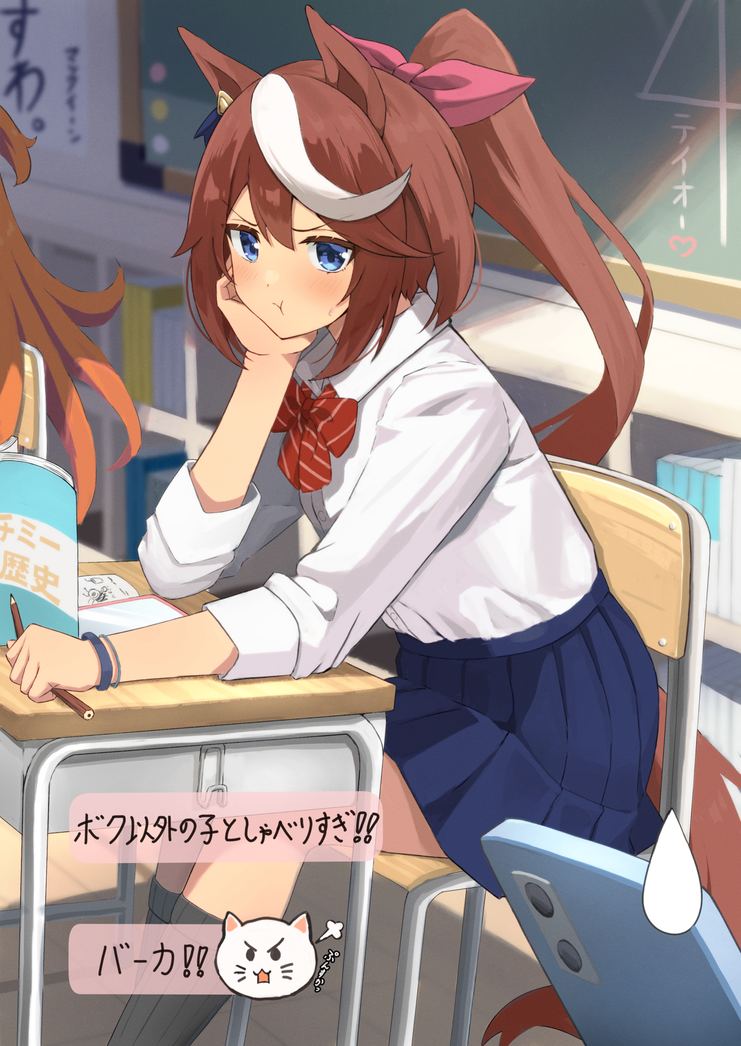 seiji (artman), mayano top gun (umamusume), tokai teio (umamusume), umamusume, commentary request, highres, translation request, 2girls, :t, animal ears, black socks, blue eyes, blue skirt, bookshelf, bow, bowtie, bracelet, brown hair, cellphone, chair, chalkboard, classroom, collared shirt, desk, double-parted bangs, ear ornament, hair between eyes, hair bow, head rest, holding, holding pencil, horse ears, horse girl, horse tail, indoors, jewelry, kneehighs, long sleeves, looking at viewer, multicolored hair, multiple girls, orange hair, pencil, phone, pink bow, pleated skirt, ponytail, pout, red bow, red bowtie, school uniform, shirt, sitting, skirt, smartphone, socks, streaked hair, striped bow, striped bowtie, striped clothes, tail, two-tone hair, v-shaped eyebrows, white shirt