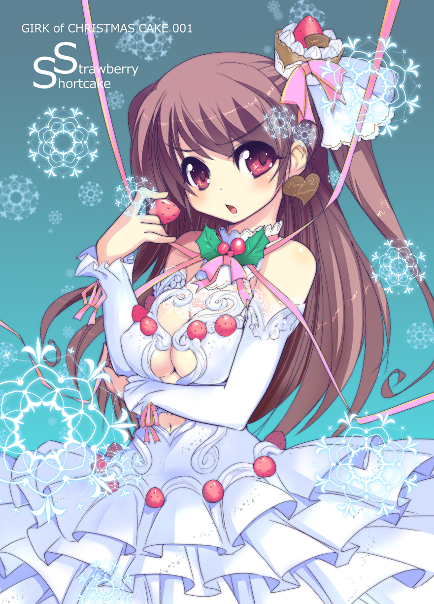a-walk, fujishima-sei ichi-gou, original, highres, 1girl, blush, bride, brown hair, cake, cake dress, christmas, detached sleeves, dress, english text, engrish text, female focus, food, food-themed clothes, food as clothes, fruit, holding, holding food, holding fruit, long hair, ranguage, red eyes, solo, strawberry, wedding dress