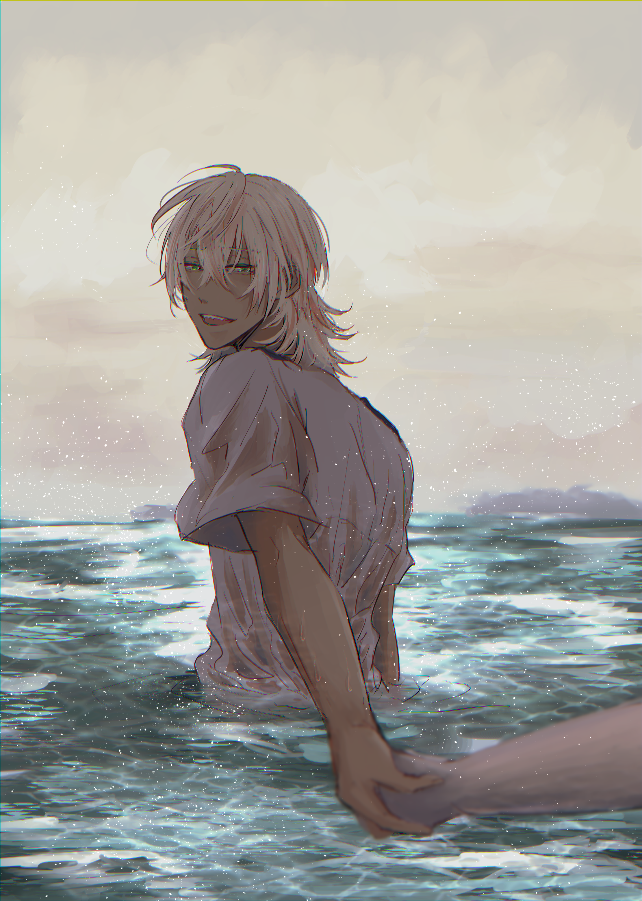 akutsu mabu, niiboshi reo, sarazanmai, absurdres, commentary request, highres, 1boy, blonde hair, green eyes, grey sky, hair between eyes, holding hands, light particles, looking back, male focus, n (warehouse), ocean, open mouth, outdoors, short hair, short sleeves, sky, solo focus, tan, wading