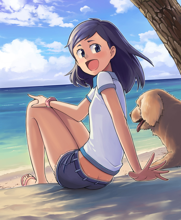 bowieknife, original, 1girl, :d, beach, black hair, blue eyes, blurry, butt crack, cloud, day, depth of field, dog, female focus, flat chest, from behind, hand on own knee, happy, long hair, looking back, ocean, open mouth, outdoors, sandals, shirt, shorts, sitting, smile, solo, water