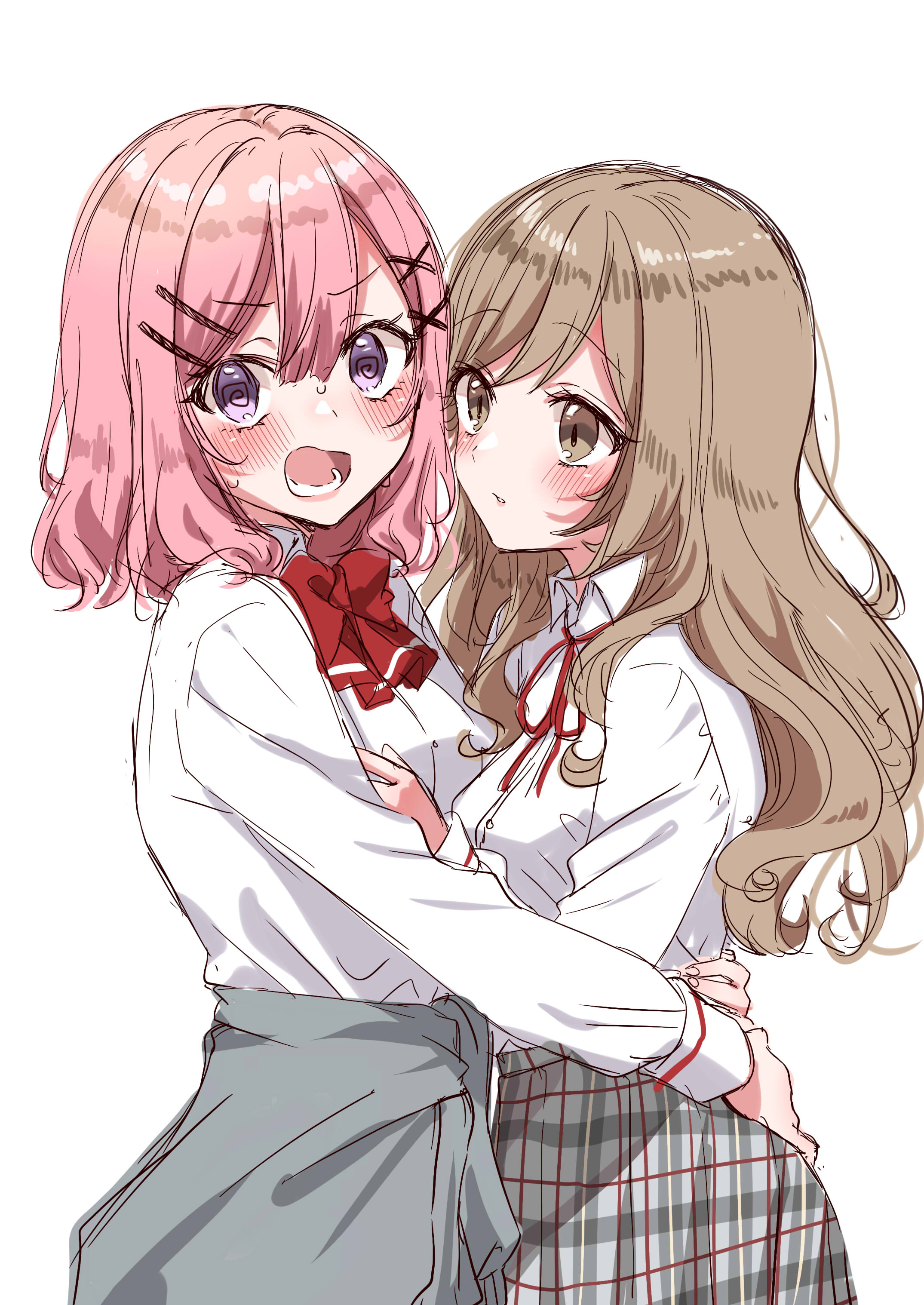 tottoto tomekichi, amaori renako, sena ajisai, watashi ga koibito ni nareru wake naijan murimuri!, absurdres, highres, 2girls, @ @, blush, bow, bowtie, brown eyes, brown hair, clothes around waist, collared shirt, grey skirt, grey sweater, hands on another's waist, hug, long hair, medium hair, multiple girls, open mouth, parted lips, pink hair, plaid clothes, plaid skirt, purple eyes, red bow, red bowtie, shirt, simple background, skirt, sweater, sweater around waist, white background, white shirt, yuri