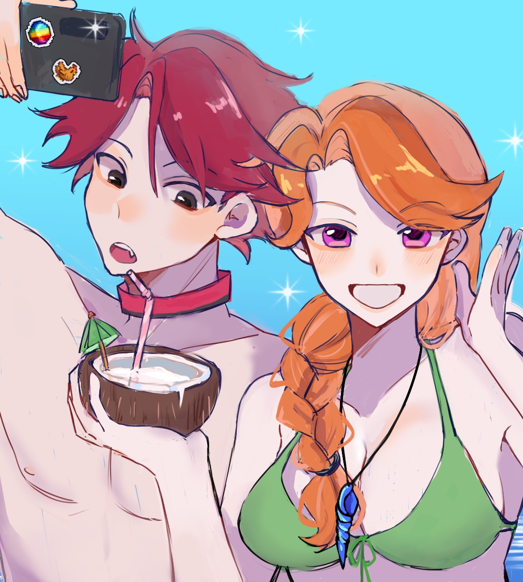 shinning-sky, leah (stardew valley), stardew valley, commentary request, highres, 1boy, 1girl, bikini, blue background, braid, breasts, brown eyes, cellphone, cleavage, coconut, drinking straw, fang, holding, holding phone, large breasts, long hair, muscular, muscular male, official alternate costume, orange hair, phone, pink eyes, player character (stardew valley), red hair, simple background, smartphone, swimsuit, topless male