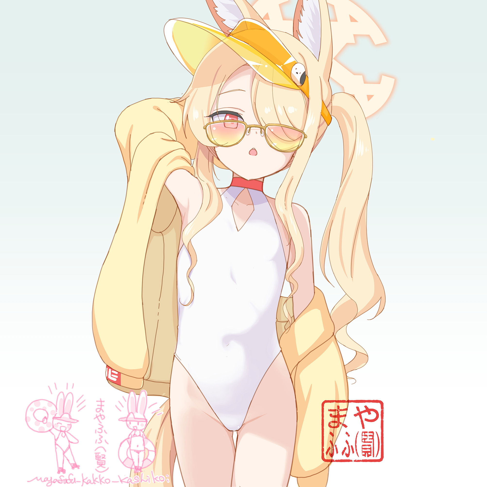 mayafufu, seia (blue archive), seia (swimsuit) (blue archive), blue archive, commentary request, highres, 1girl, animal ear fluff, animal ears, arm behind head, arm up, armpits, blonde hair, blush, breasts, casual one-piece swimsuit, choker, collarbone, covered navel, cowboy shot, extra ears, flat chest, fox ears, fox girl, fox tail, gluteal fold, gradient background, grey background, groin, hair over one eye, halo, highleg, highleg one-piece swimsuit, jacket, long hair, long sleeves, looking at viewer, off shoulder, official alternate costume, official alternate hairstyle, one-piece swimsuit, open clothes, open jacket, open mouth, parted lips, pink-tinted eyewear, red choker, red eyes, side ponytail, sidelocks, simple background, small breasts, solo, sunglasses, swimsuit, tail, thigh gap, tinted eyewear, twintails, visor cap, white background, white one-piece swimsuit, yellow-tinted eyewear, yellow halo, yellow jacket