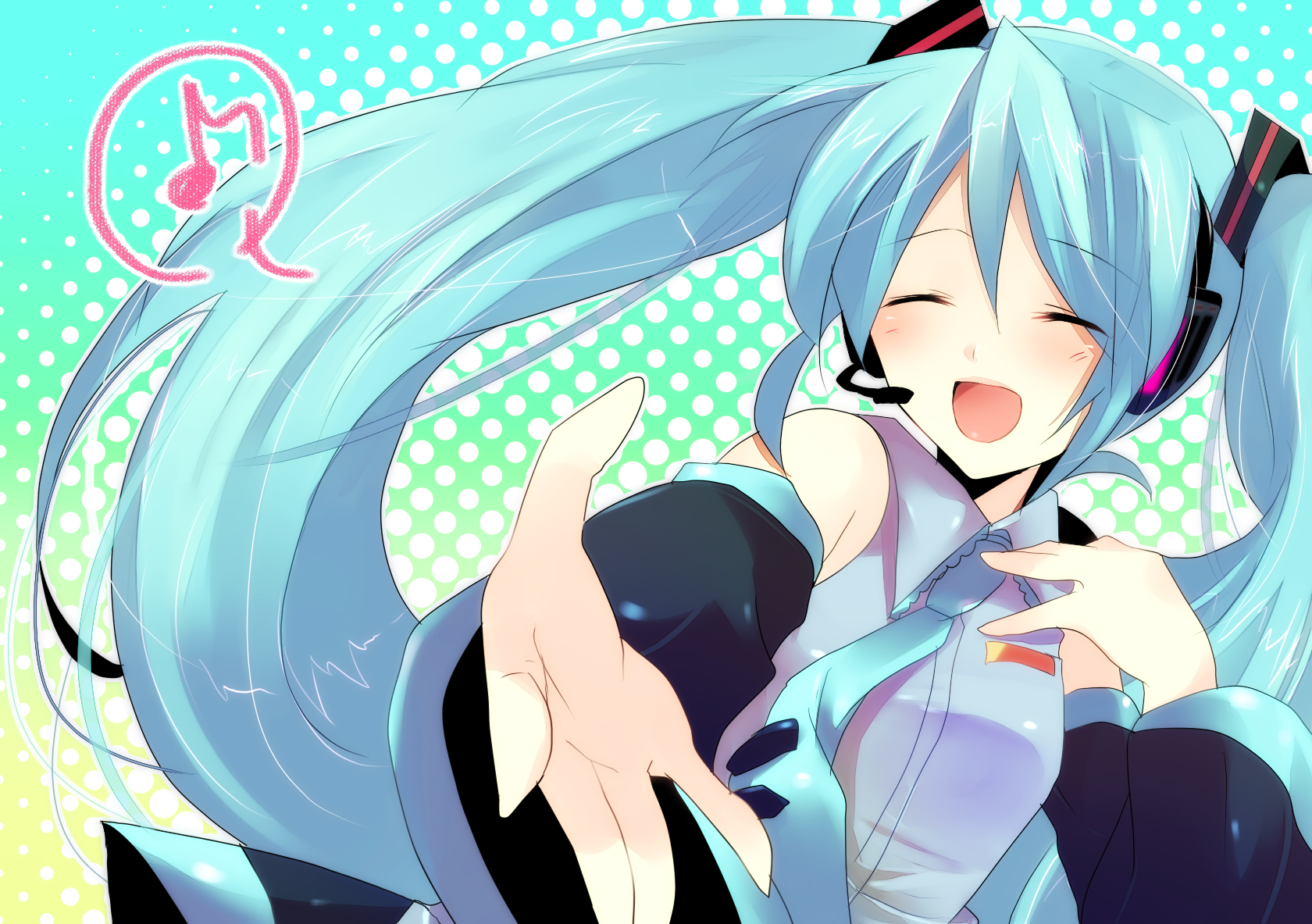 kurohara yuu, hatsune miku, vocaloid, highres, blue hair, closed eyes, detached sleeves, headset, long hair, necktie, outstretched arm, outstretched hand, reaching, twintails
