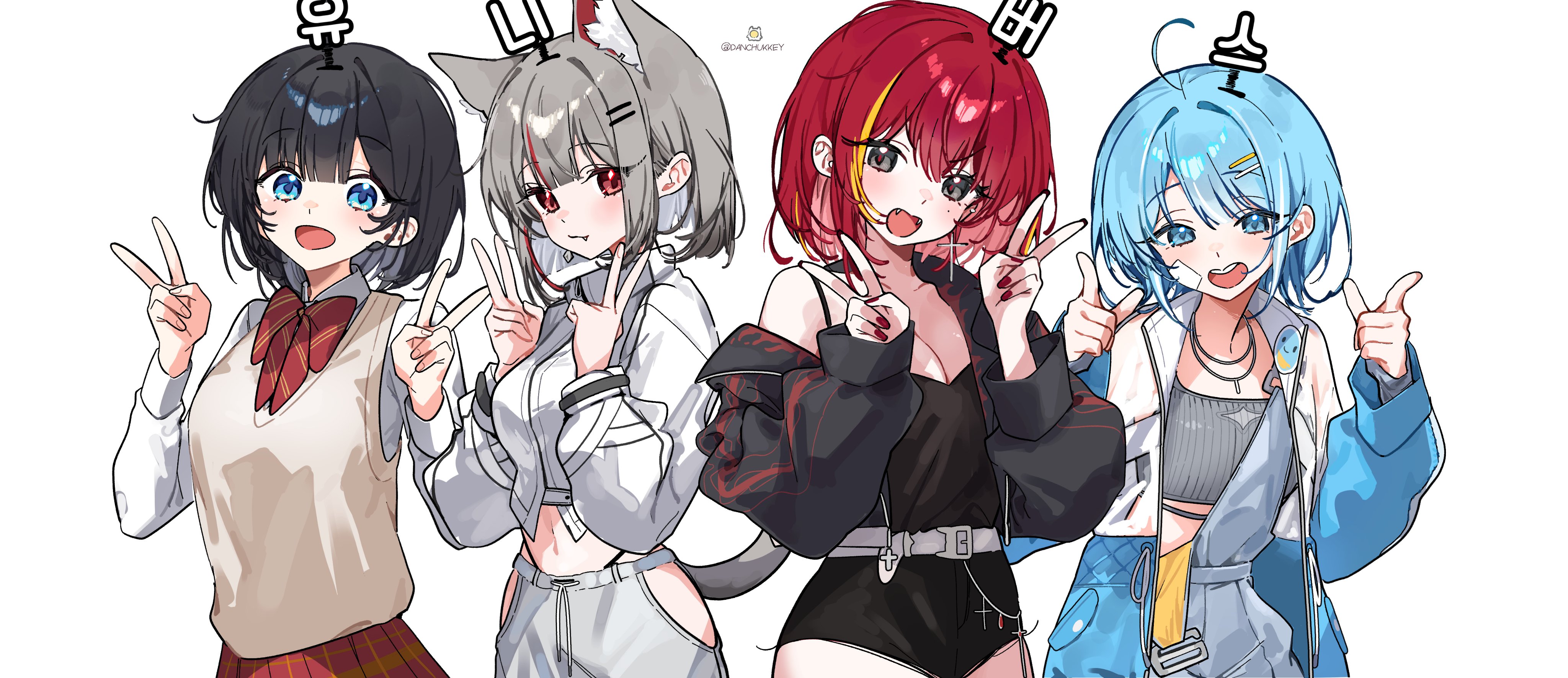 dandandanholo, akane lize, arahashi tabi, neneko mashiro, shirayuki hina, stellive, absurdres, commentary request, highres, korean commentary, translation request, 4girls, ahoge, animal ear fluff, animal ears, artist name, belt, black camisole, black hair, black jacket, black shoes, blue coat, blue eyes, blue hair, bow, bowtie, breasts, brown sweater vest, camisole, cleavage, closed mouth, coat, collarbone, crop top, cropped shirt, cross, cross earrings, diagonal-striped bow, diagonal-striped bowtie, diagonal-striped clothes, double v, earrings, fang, fangs, grey belt, grey eyes, grey hair, grey pants, group pose, hands up, jacket, jewelry, korean text, long sleeves, micro shorts, midriff, multicolored hair, multiple girls, navel, off shoulder, open clothes, open coat, open jacket, open mouth, overalls, pants, red bow, red bowtie, red hair, shirt, shoes, short hair, shorts, sidelocks, simple background, smile, streaked hair, striped bow, striped bowtie, striped clothes, sweater vest, v, virtual youtuber, white background, white shirt