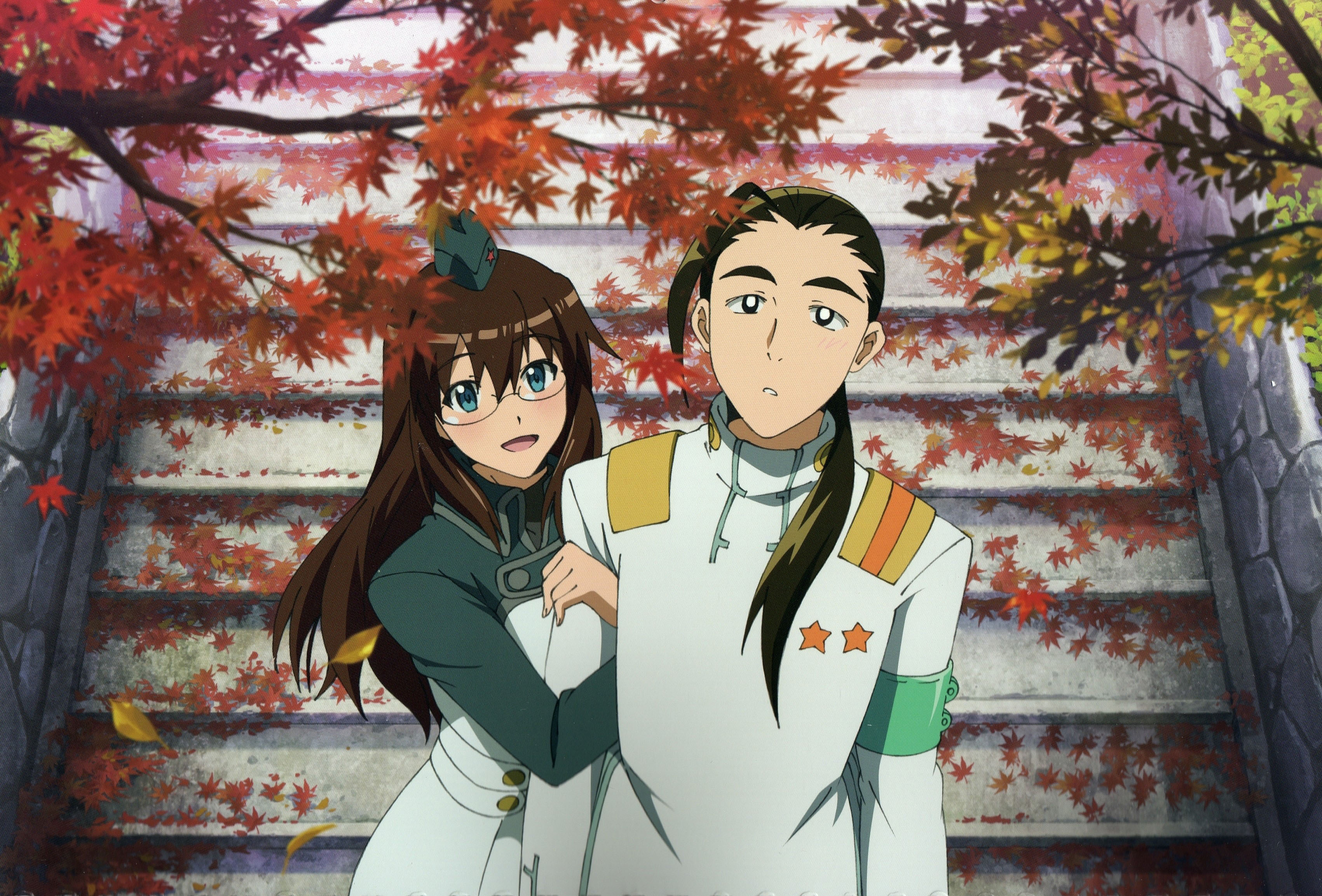 kinon bachika, rossiu adai, tengen toppa gurren lagann, uniform, absurdres, highres, scan, scan artifacts, 00s, 1boy, 1girl, autumn, black hair, blue eyes, brown hair, couple, garrison cap, glasses, hat, hetero, long hair, looking up, ponytail