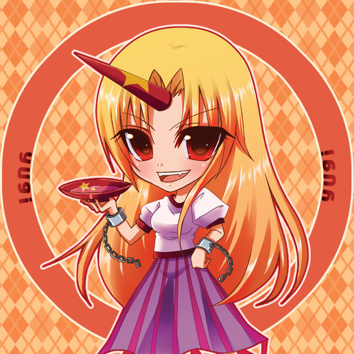 nonoko, yuuka nonoko, hoshiguma yuugi, touhou, bad id, bad pixiv id, 1girl, alcohol, blonde hair, chibi, cup, female focus, horns, long hair, red eyes, sakazuki, sake, single horn, solo