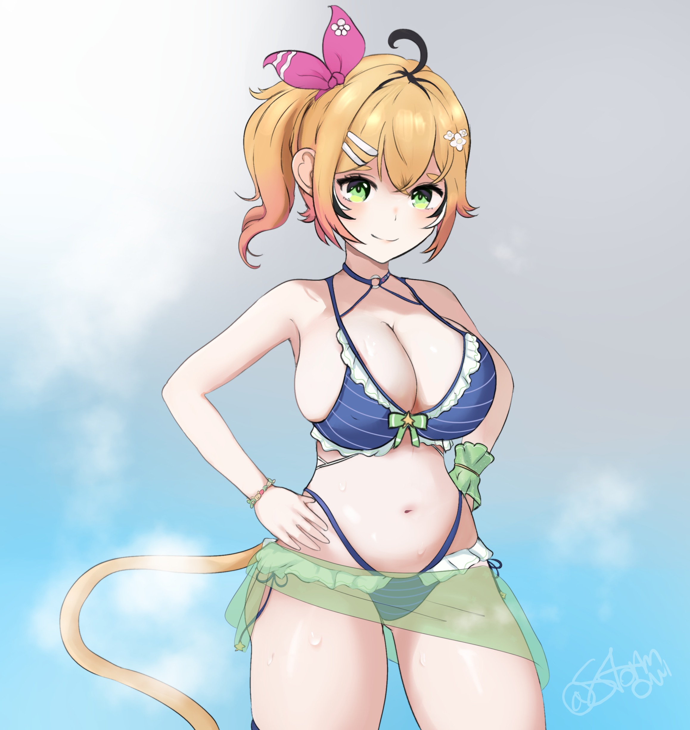 stormowl0, dooby, dooby (summer), indie virtual youtuber, absurdres, commentary, english commentary, highres, 1girl, ahoge, bikini, blonde hair, blue bikini, bracelet, breasts, cleavage, closed mouth, cowboy shot, green eyes, green sarong, hair ornament, hair ribbon, hands on own hips, jewelry, large breasts, looking at viewer, mouse tail, pink ribbon, ribbon, sarong, see-through clothes, see-through sarong, signature, smile, solo, swimsuit, tail, virtual youtuber, yellow tail