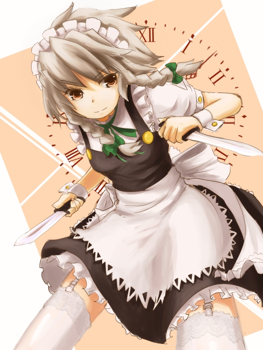 kokotetsu, izayoi sakuya, touhou, silver hair, 1girl, braid, female focus, knife, short hair, solo, thighhighs, throwing knife, twin braids, weapon, white thighhighs