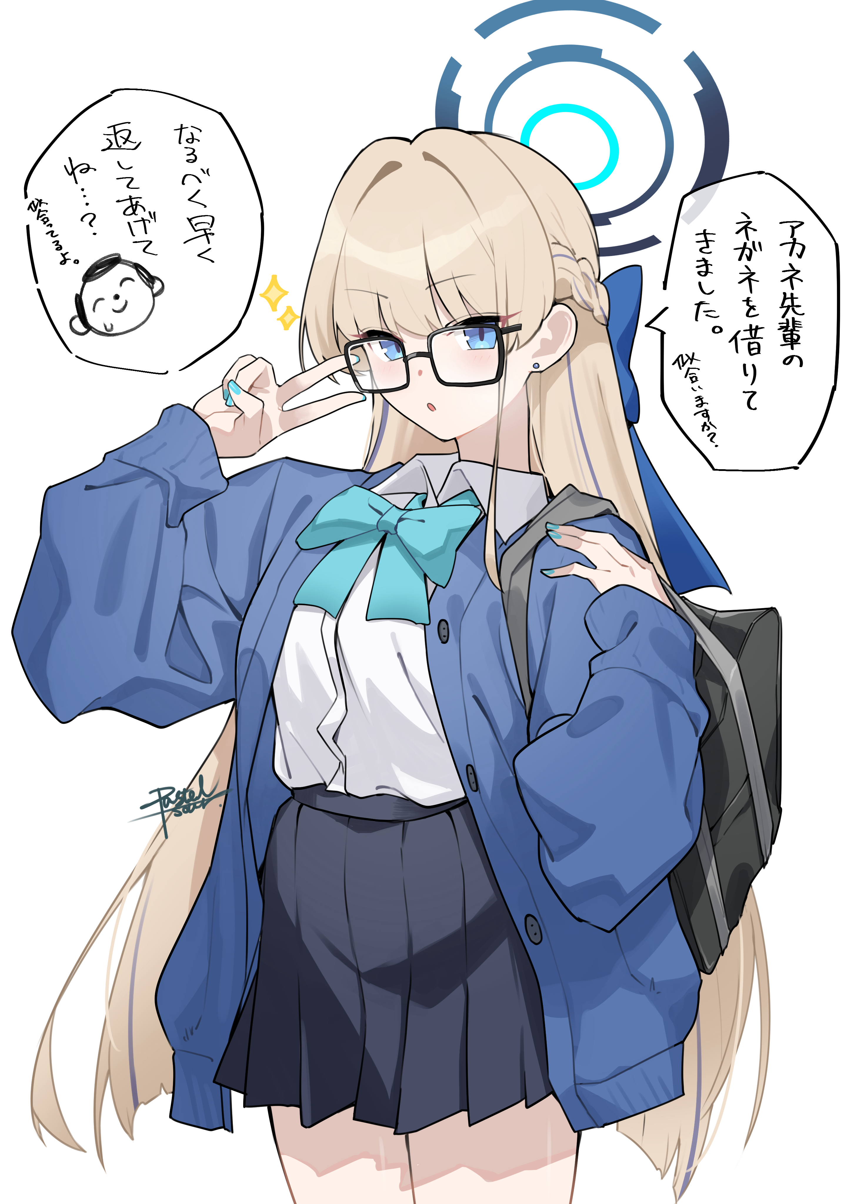 pasuterusawaa, doodle sensei (blue archive), sensei (blue archive), toki (blue archive), toki (school uniform) (blue archive), blue archive, absurdres, commentary request, highres, translation request, 1boy, 1girl, bag, bespectacled, black skirt, blonde hair, blue bow, blue eyes, blue halo, blue jacket, blue nails, bow, buttons, cowboy shot, earrings, glasses, halo, jacket, jewelry, long hair, long sleeves, looking at viewer, pleated skirt, school bag, shirt, signature, simple background, skirt, sparkle, spoken character, v, white background, white shirt