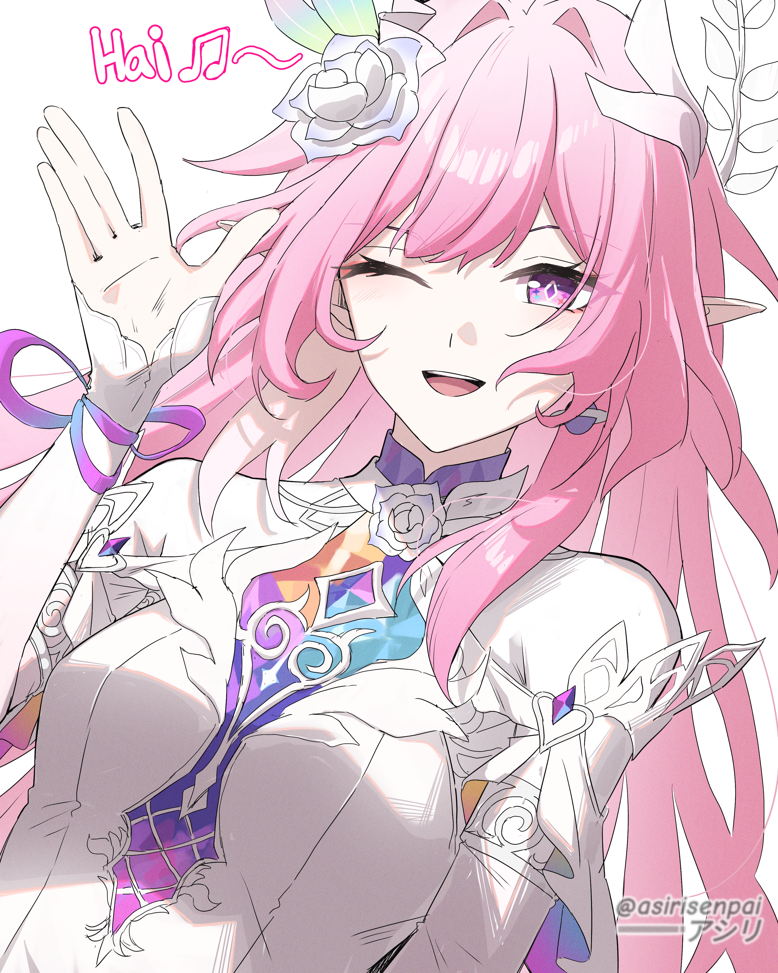 asiri senpai, cyrene (honkai: star rail), cyrene (ripples of past reverie) (honkai: star rail), honkai: star rail, honkai (series), absurdres, commentary, highres, 1girl, adapted costume, breasts, diamond-shaped pupils, diamond (shape), earrings, flower, hair flower, hair ornament, hand up, jewelry, long hair, looking at viewer, medium breasts, one eye closed, open mouth, pink hair, pointy ears, purple eyes, sidelocks, simple background, single earring, smile, solo, symbol-shaped pupils, twitter username, waving, white background