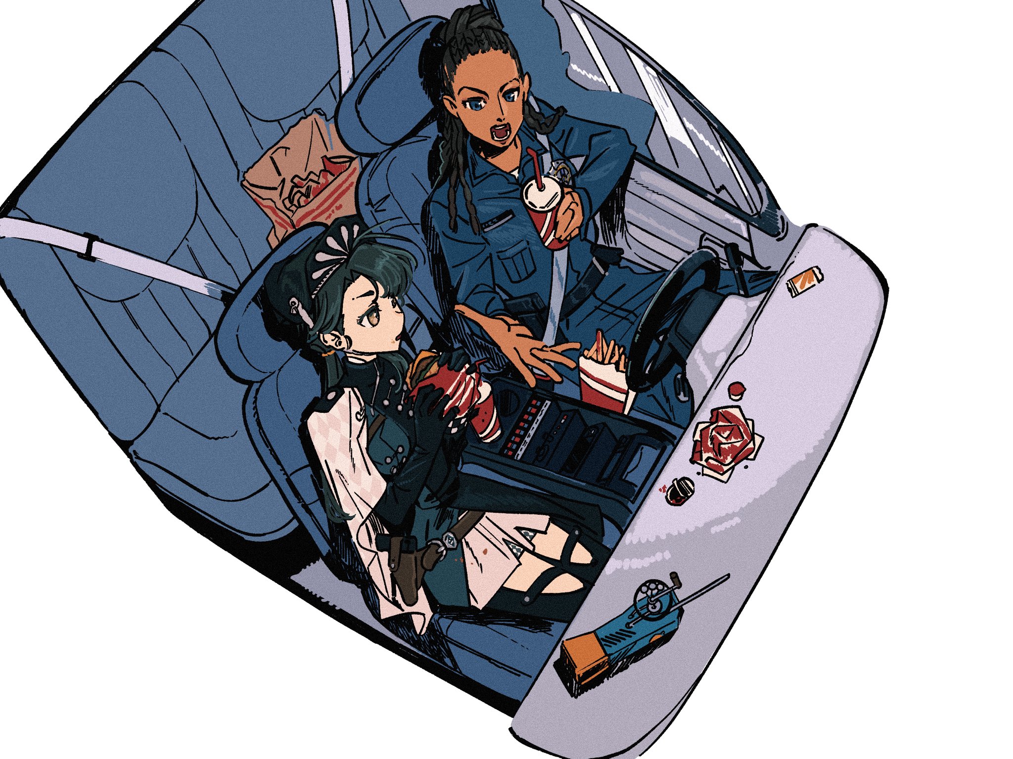kani (kaniya), liang yue (reverse:1999), reverse:1999, highres, 2girls, bag, beret, black boots, black dress, black gloves, black hair, blue eyes, blue pants, blue shirt, boots, burger, cape, car interior, car seat, cellphone, chin strap, cornrows, cup, dark-skinned female, dark skin, diorama, disposable cup, dress, food, french fries, from above, gloves, hair bun, hands up, hat, holding, holding cup, holding food, holster, long hair, looking at another, low twintails, multiple girls, open mouth, pants, paper bag, phone, poitier (reverse:1999), police, police uniform, policewoman, seatbelt, shirt, short dress, side cape, sitting, steering wheel, thigh boots, twintails, white cape, yellow eyes