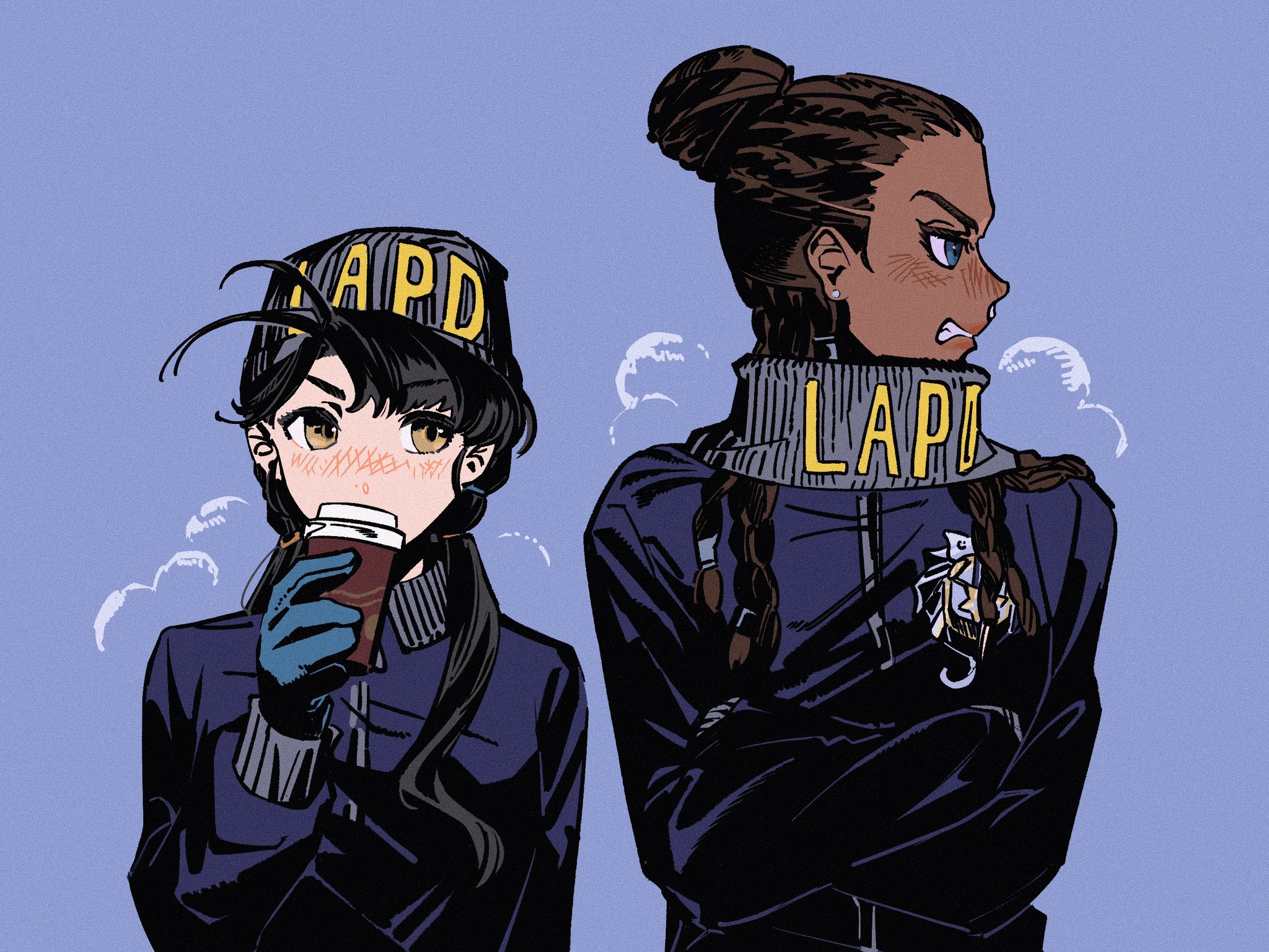kani (kaniya), liang yue (reverse:1999), reverse:1999, highres, 2girls, alternate costume, beanie, black hair, black jacket, blue background, blue eyes, blue gloves, clenched teeth, cornrows, crossed arms, cup, dark-skinned female, dark skin, disposable coffee cup, disposable cup, drinking, facing viewer, gloves, grey hat, grey scarf, hair bun, hat, holding, holding cup, jacket, long hair, looking to the side, los angeles police department, low twintails, multiple girls, poitier (reverse:1999), police, police uniform, policewoman, profile, scarf, steaming body, teeth, turning head, twintails, upper body, v-shaped eyebrows, yellow eyes