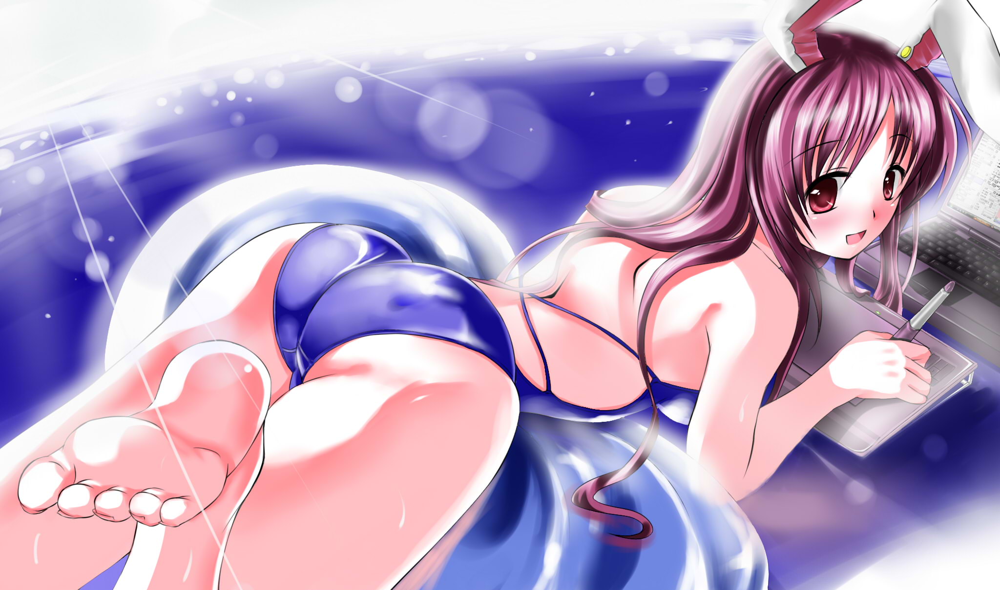 caidychen, reisen udongein inaba, touhou, wacom, bad id, bad pixiv id, derivative work, highres, 1girl, animal ears, ass, barefoot, computer, computer keyboard, drawing tablet, feet, female focus, laptop, long hair, looking back, lying, on stomach, one-piece swimsuit, purple hair, rabbit ears, red eyes, soles, solo, swimsuit