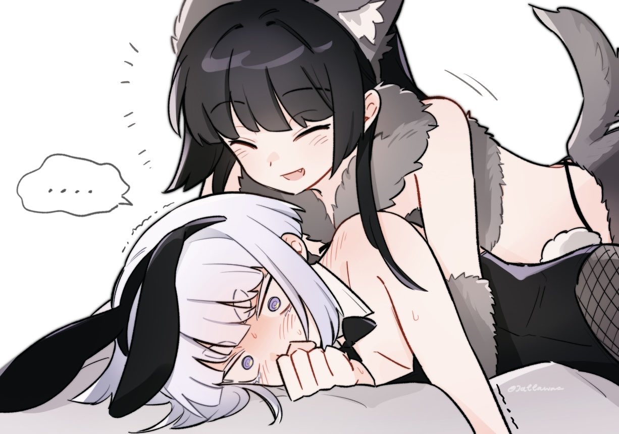kurogane otoha, shiraya tamaki, rock wa lady no tashinami deshite, …, 2girls, @ @, animal costume, animal ears, black hair, black leotard, blush, closed eyes, detached collar, fake animal ears, fake tail, fang, fishnet pantyhose, fishnets, jattawii, leotard, long hair, multiple girls, open mouth, pantyhose, playboy bunny, purple eyes, purple hair, rabbit ears, rabbit tail, short hair, shoulder blush, simple background, spoken ellipsis, strapless, strapless leotard, sweat, tail, trembling, white background, wolf costume, wolf tail, wrist cuffs, yuri