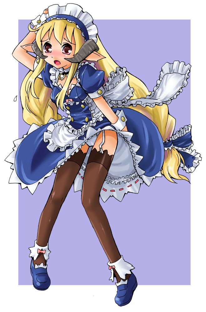 katahira masashi, original, 1girl, ankle cuffs, blonde hair, blush, braid, brown eyes, female focus, full body, garter belt, horns, long hair, maid, panties, pantyshot, pointy ears, solo, standing, thighhighs, twin braids, underwear, very long hair