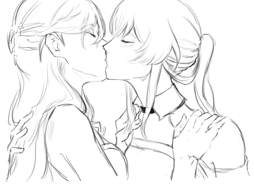 setima 7c, himeko (honkai: star rail), kafka (honkai: star rail), honkai: star rail, honkai (series), commentary, 2girls, closed eyes, collared shirt, greyscale, hands on another's shoulders, kiss, long hair, monochrome, multiple girls, ponytail, shirt, yuri