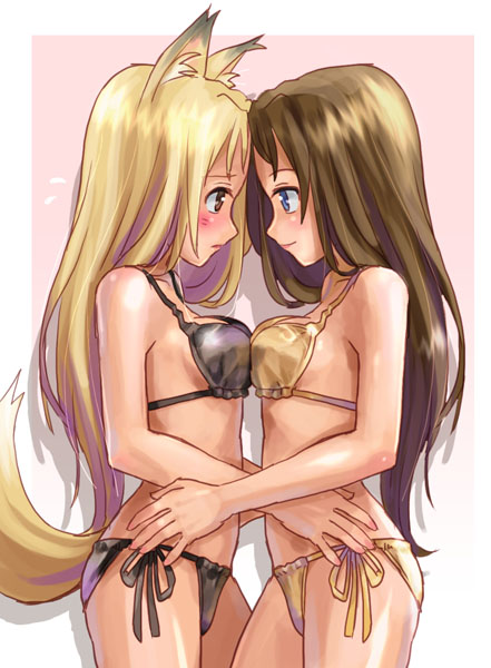 katahira masashi, original, 2girls, animal ears, bikini, blonde hair, blue eyes, blush, breast press, breasts, brown eyes, brown hair, eye contact, face-to-face, forehead-to-forehead, heads together, long hair, looking at another, multiple girls, side-tie bikini bottom, swimsuit, symmetrical docking, tail, yuri
