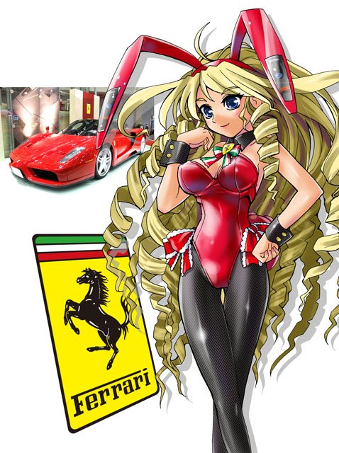 katahira masashi, enzo, ferrari, animal ears, blonde hair, blue eyes, drill hair, fake animal ears, long hair, pantyhose, playboy bunny, product girl, rabbit ears, smile, solo, very long hair