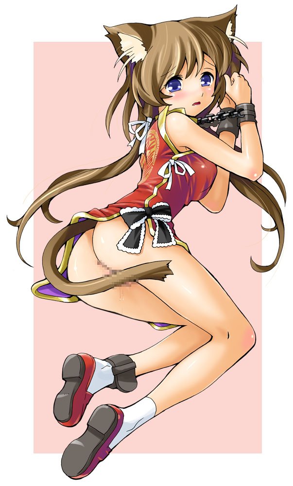 katahira masashi, original, 1girl, animal ears, ankle cuffs, anklet, ass, bdsm, blue eyes, blush, bondage, bound, bow, brown hair, censored, chain, china dress, chinese clothes, convenient censoring, cuffs, dress, female focus, full body, jewelry, long hair, looking at viewer, mosaic censoring, no panties, pussy, pussy juice, short dress, sleeveless, sleeveless dress, socks, solo, tail