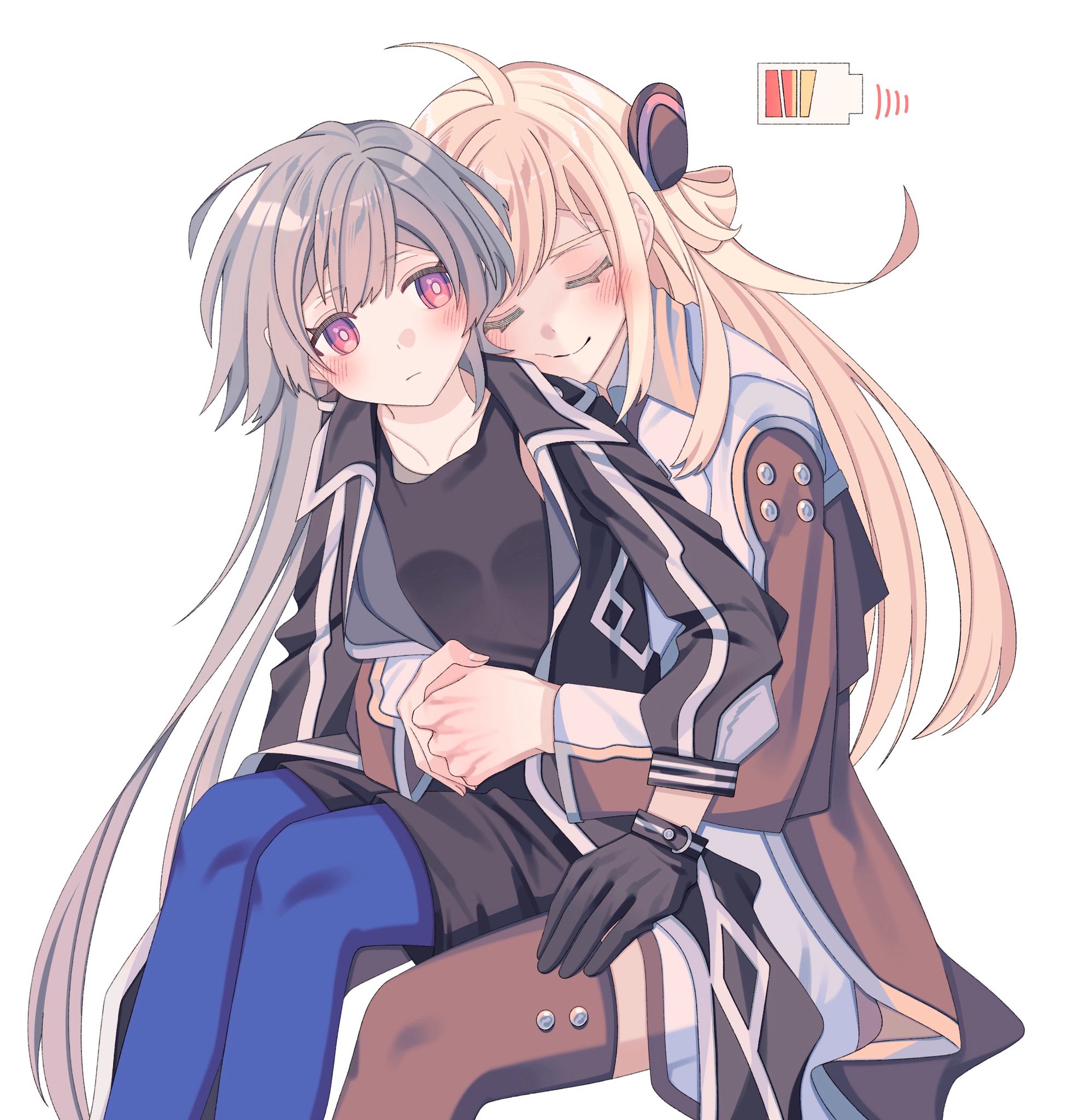 emptyayya, sky striker ace – raye, sky striker ace – roze, yu-gi-oh!, highres, 2girls, battery indicator, black gloves, black jacket, black shirt, black thighhighs, blonde hair, blue pantyhose, blush, closed eyes, closed mouth, gloves, grey hair, hug, hug from behind, jacket, long hair, multiple girls, pantyhose, pink eyes, shirt, simple background, sitting, sitting on lap, sitting on person, thighhighs, white background, yuri
