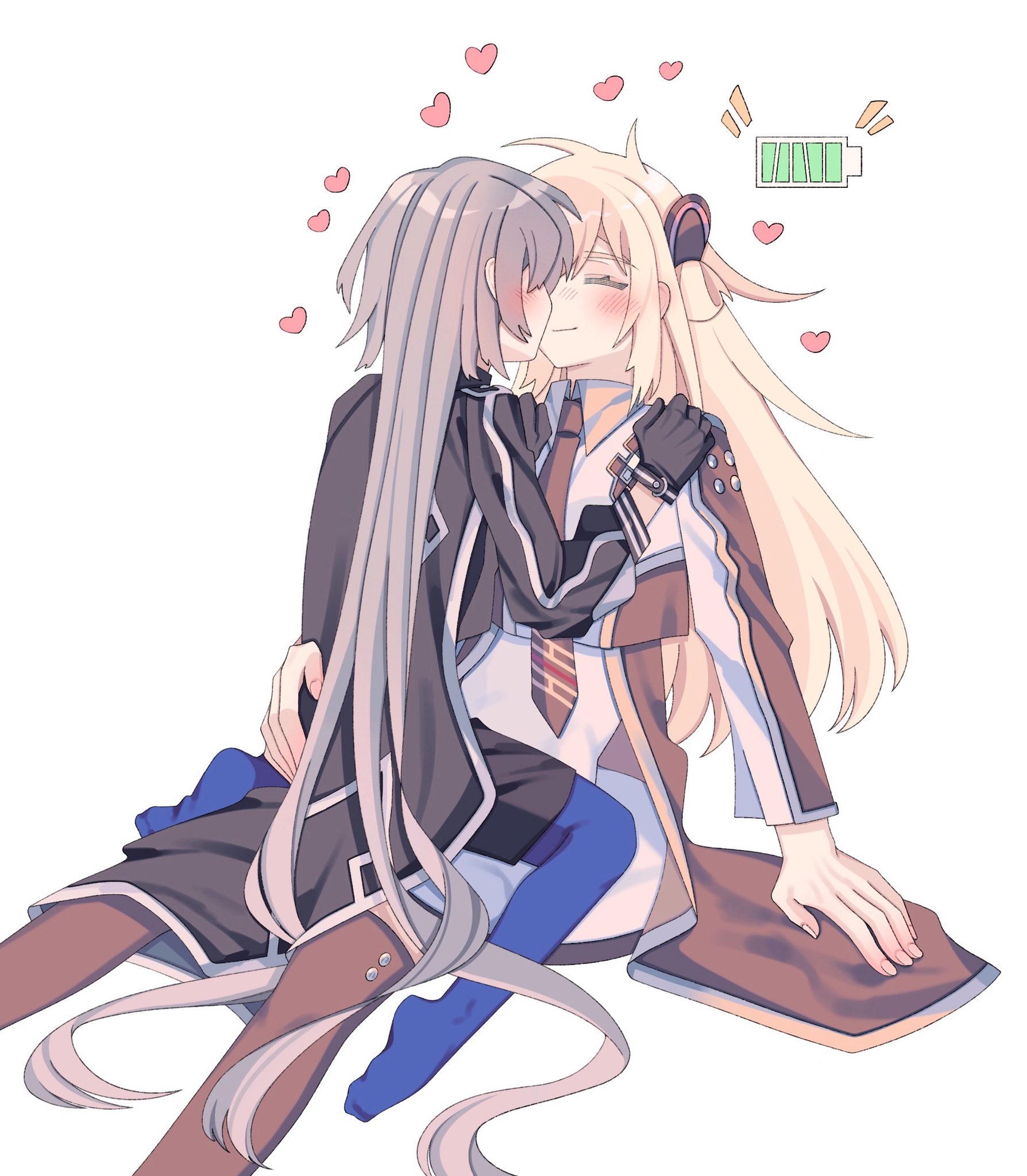 emptyayya, sky striker ace – raye, sky striker ace – roze, yu-gi-oh!, highres, 2girls, battery indicator, black gloves, black jacket, black necktie, black thighhighs, blonde hair, blue pantyhose, blush, closed eyes, closed mouth, collared shirt, gloves, grey hair, hand on another's shoulder, heart, jacket, long hair, multiple girls, necktie, pantyhose, shirt, simple background, sitting, sitting on lap, sitting on person, thighhighs, white background, white shirt, yuri