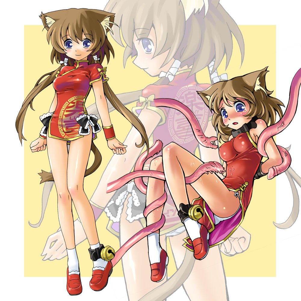 katahira masashi, original, 1girl, animal ears, ankle cuffs, anklet, bdsm, bondage, bound, brown hair, china dress, chinese clothes, collar, covered erect nipples, cuffs, dress, jewelry, long hair, panties, socks, tail, tentacles, underwear
