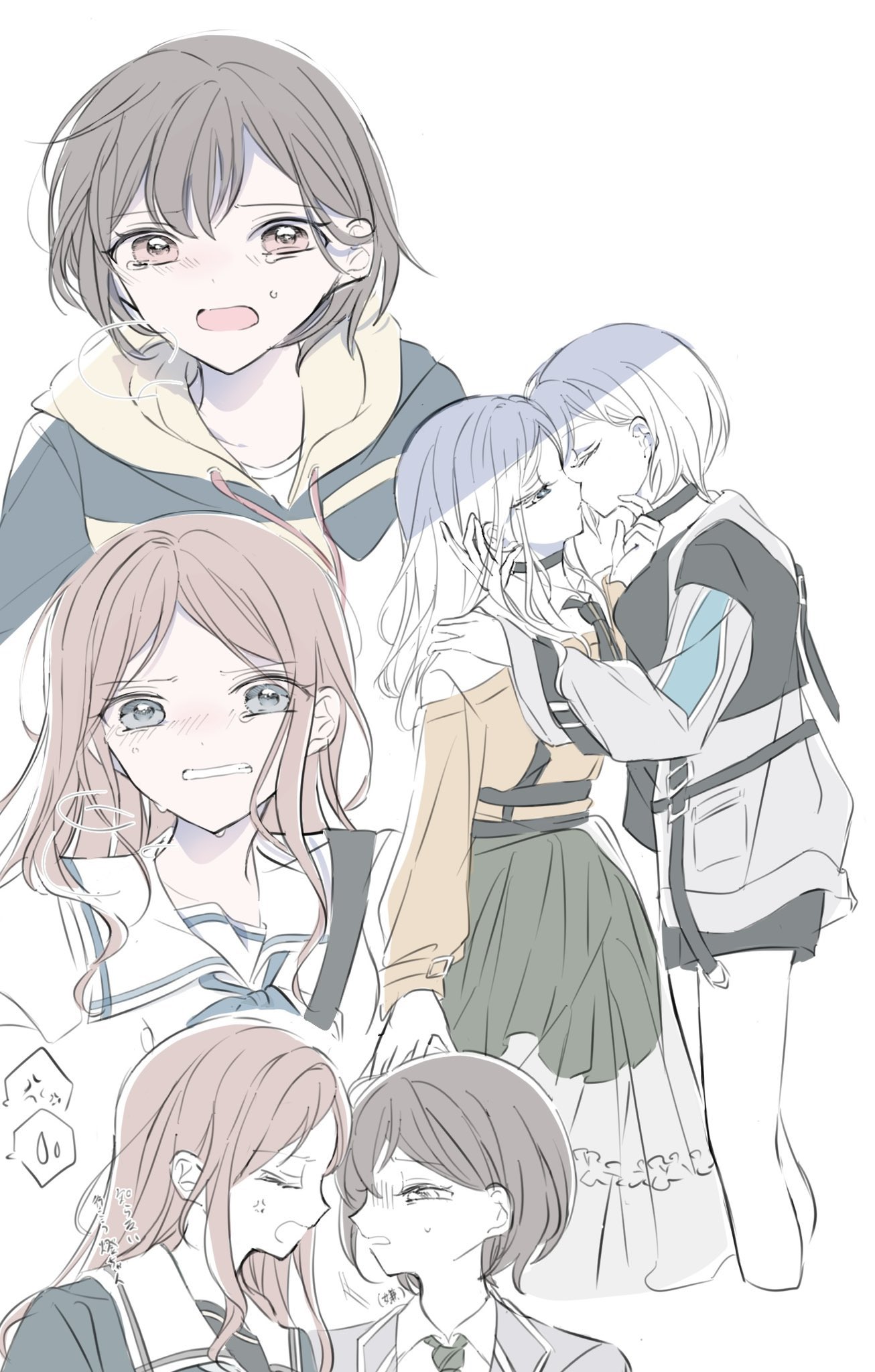 hazu (aliceth), nagasaki soyo, takamatsu tomori, bang dream!, bang dream! it's mygo!!!!!, commentary request, highres, 2girls, black shirt, blue eyes, blue hoodie, blush, brown hair, closed eyes, collared shirt, green skirt, grey hair, grey jacket, hand in another's hair, hand on another's shoulder, haneoka school uniform, hood, hoodie, jacket, kiss, long hair, multiple girls, open mouth, pink eyes, school uniform, shirt, short hair, simple background, skirt, tears, tsukinomori school uniform, two-tone hoodie, white background, white shirt, yellow hoodie, yuri