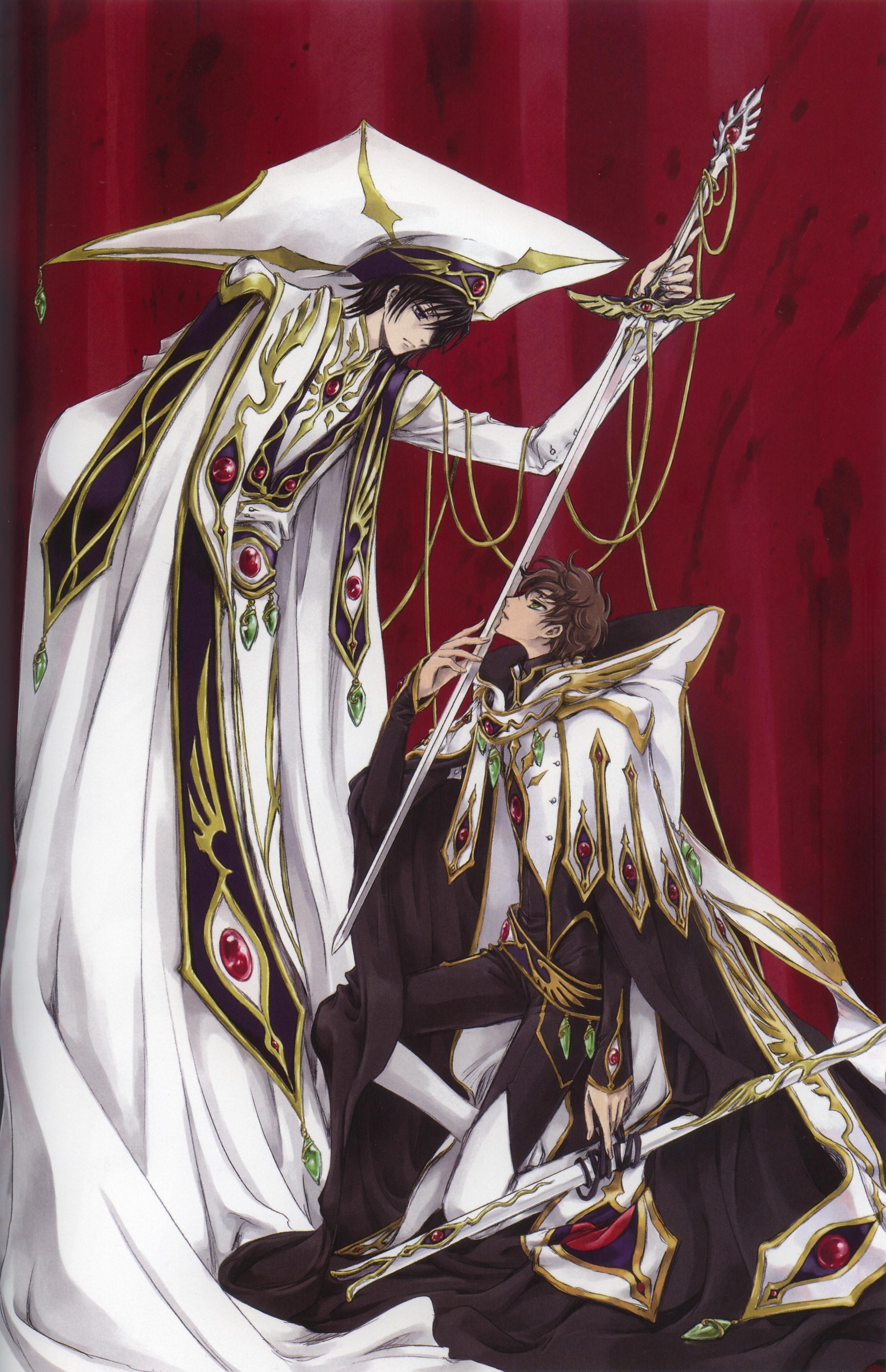 clamp, kururugi suzaku, lelouch vi britannia, code geass, absurdres, highres, scan, 00s, 2boys, frown, hat, holding, holding sword, holding weapon, male focus, multiple boys, object kiss, on one knee, red background, scabbard, sheath, standing, sword, weapon, white hat
