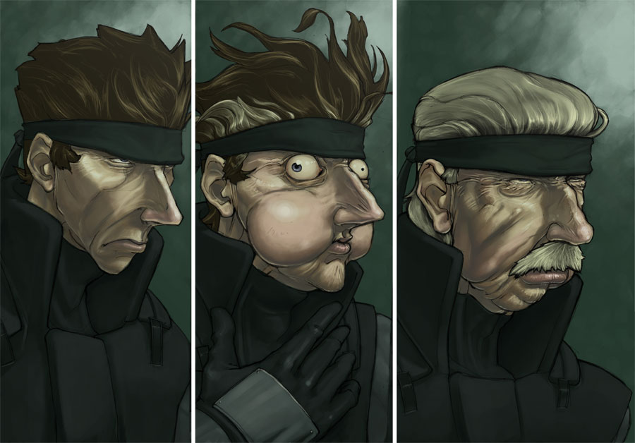 old snake, solid snake, metal gear (series), metal gear solid, 1boy, blonde hair, brown hair, caricature, crazy eyes, expressionless, headband, long nose, male focus, military, military uniform, parody, transformation, upper body, wide-eyed