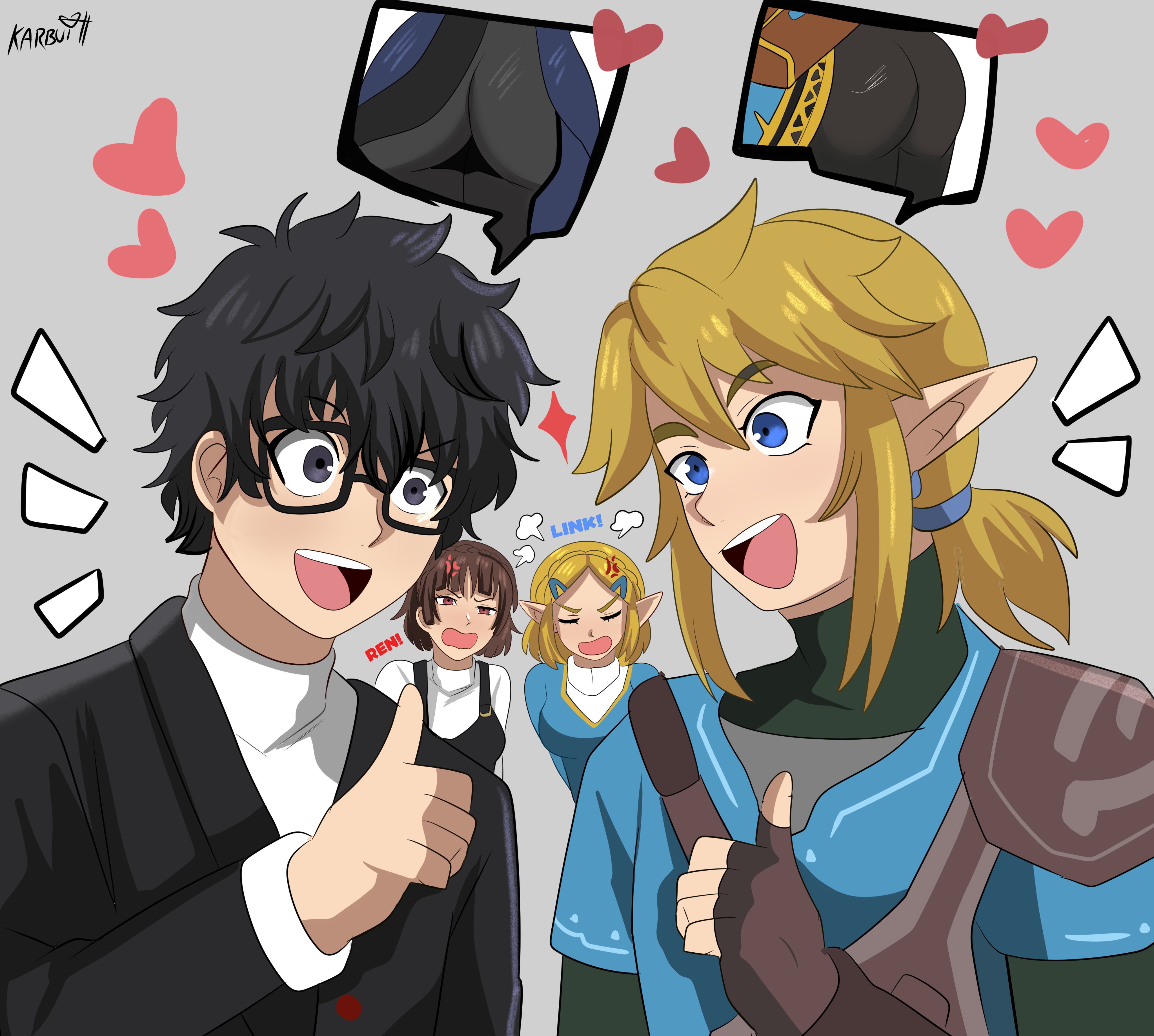 karbuitt, amamiya ren, link, niijima makoto, princess zelda, nintendo, persona, persona 5, super smash bros., the legend of zelda, the legend of zelda: tears of the kingdom, absurdres, commentary, english commentary, highres, 2boys, 2girls, anger vein, ass, black hair, blonde hair, blue eyes, breasts, brown hair, elf, glasses, grey background, heart, looking at another, low ponytail, male focus, multiple boys, multiple girls, pointy ears, ponytail, red eyes, short hair, simple background, spoken character, thumbs up, v-shaped eyebrows