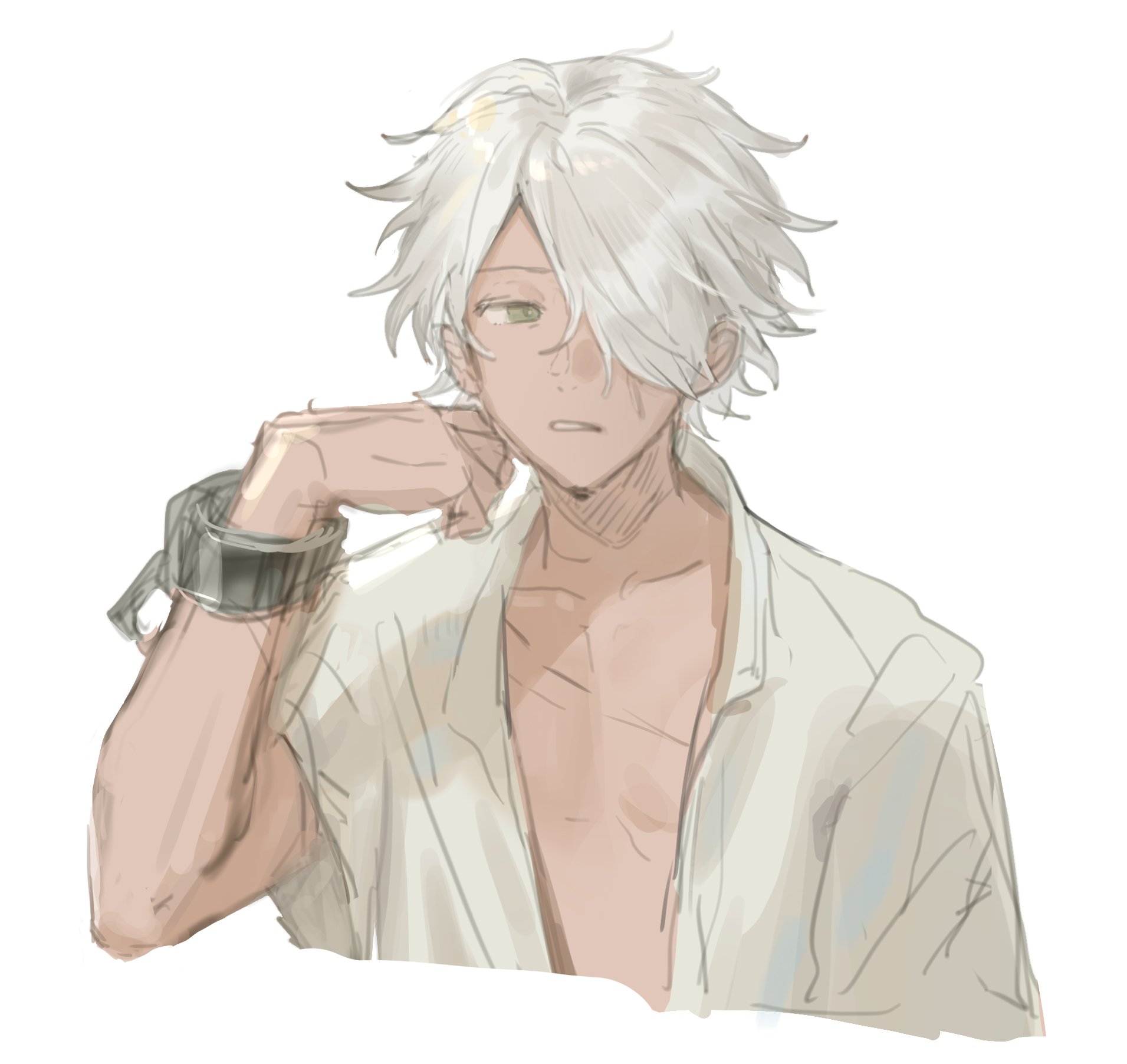 fujie xy, therion (octopath traveler), octopath traveler, octopath traveler i, highres, green eyes, grey hair, male focus, open clothes, open shirt, silver bangle, solo, white background